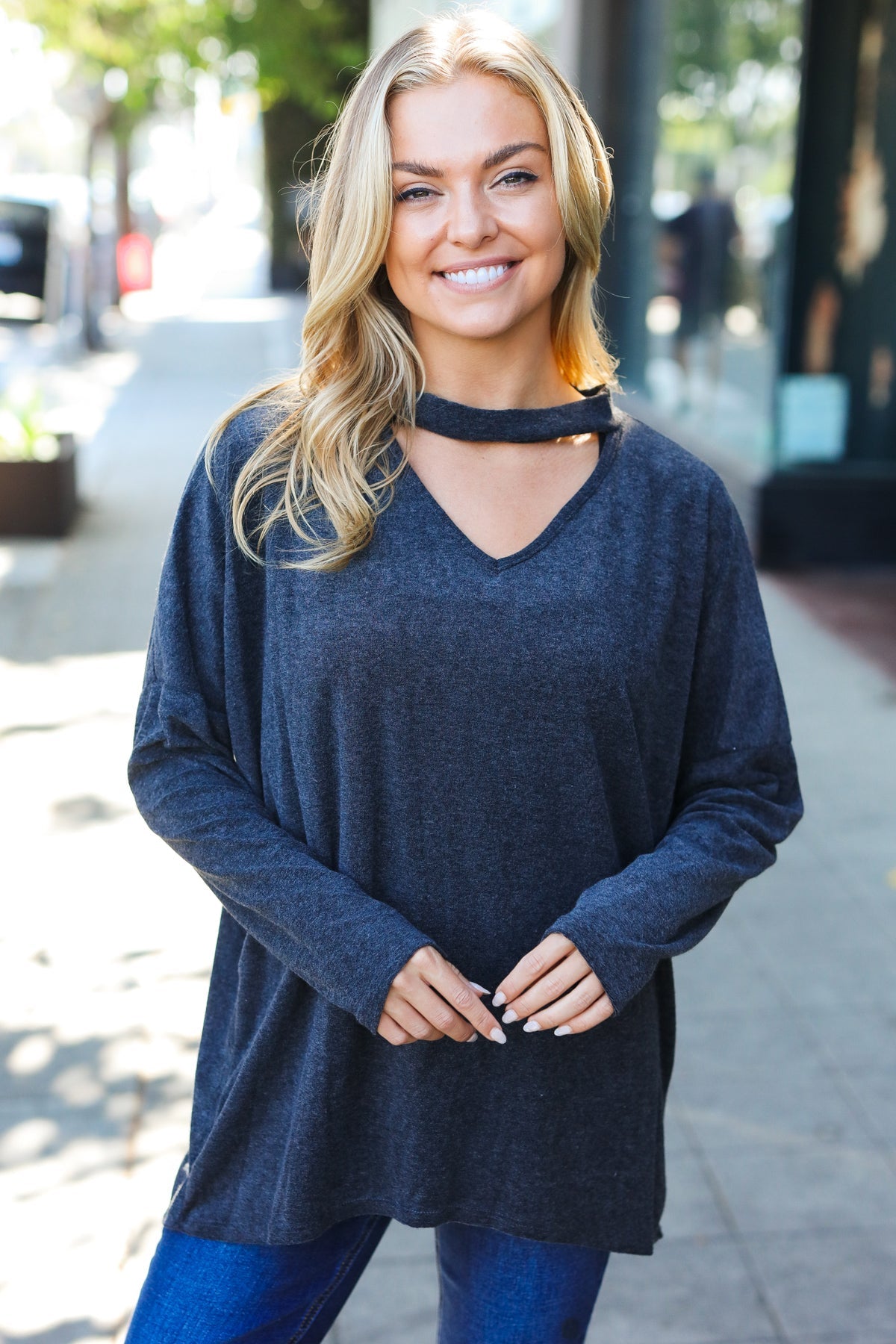 Casual Chic Solid Grey Choker Neck Long Sleeve Hacci Pullover Sweater for Women | Cozy Fall Winter Knit Top | Perfect for Office, Date Night & Weekend Outfits
