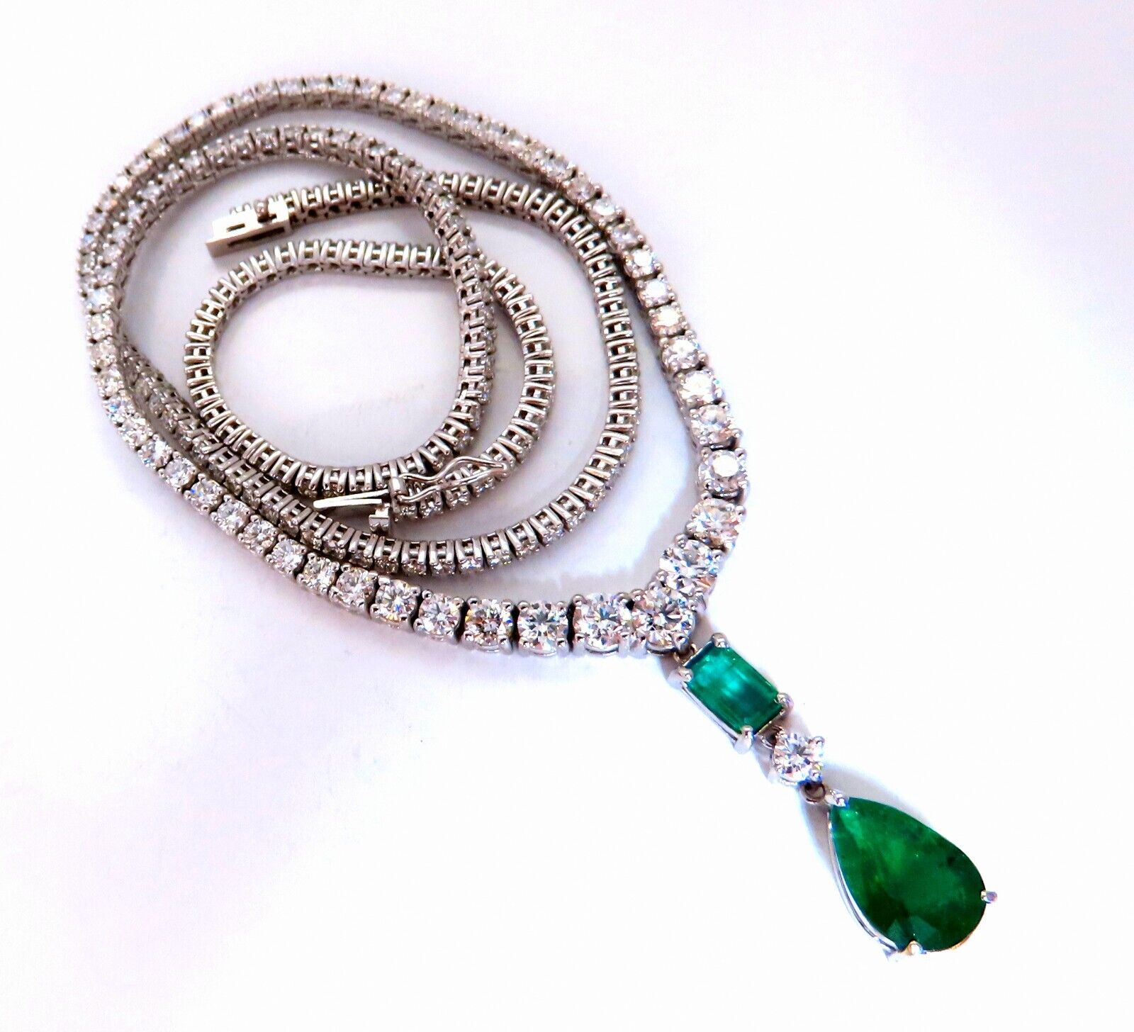 14.47ct Natural Emerald & Diamond Necklace in 14K Gold - Elegant Riviera Graduated Dangle Pendant for Women, Perfect for Weddings, Anniversaries & Special Occasions