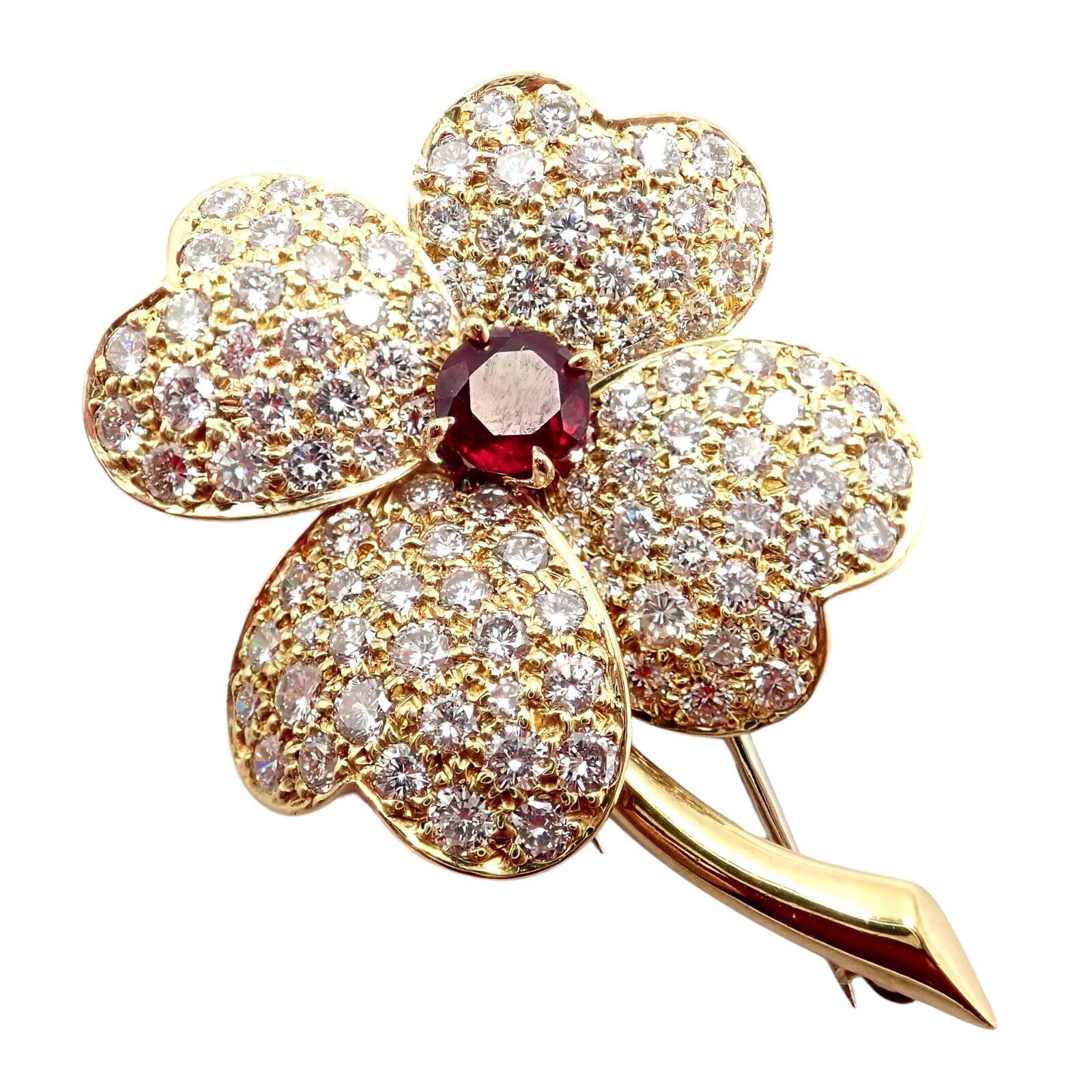 Vintage Van Cleef & Arpels Cosmos 18k Yellow Gold Diamond Ruby Brooch Pendant - Luxury Jewelry for Special Occasions & Gift Giving