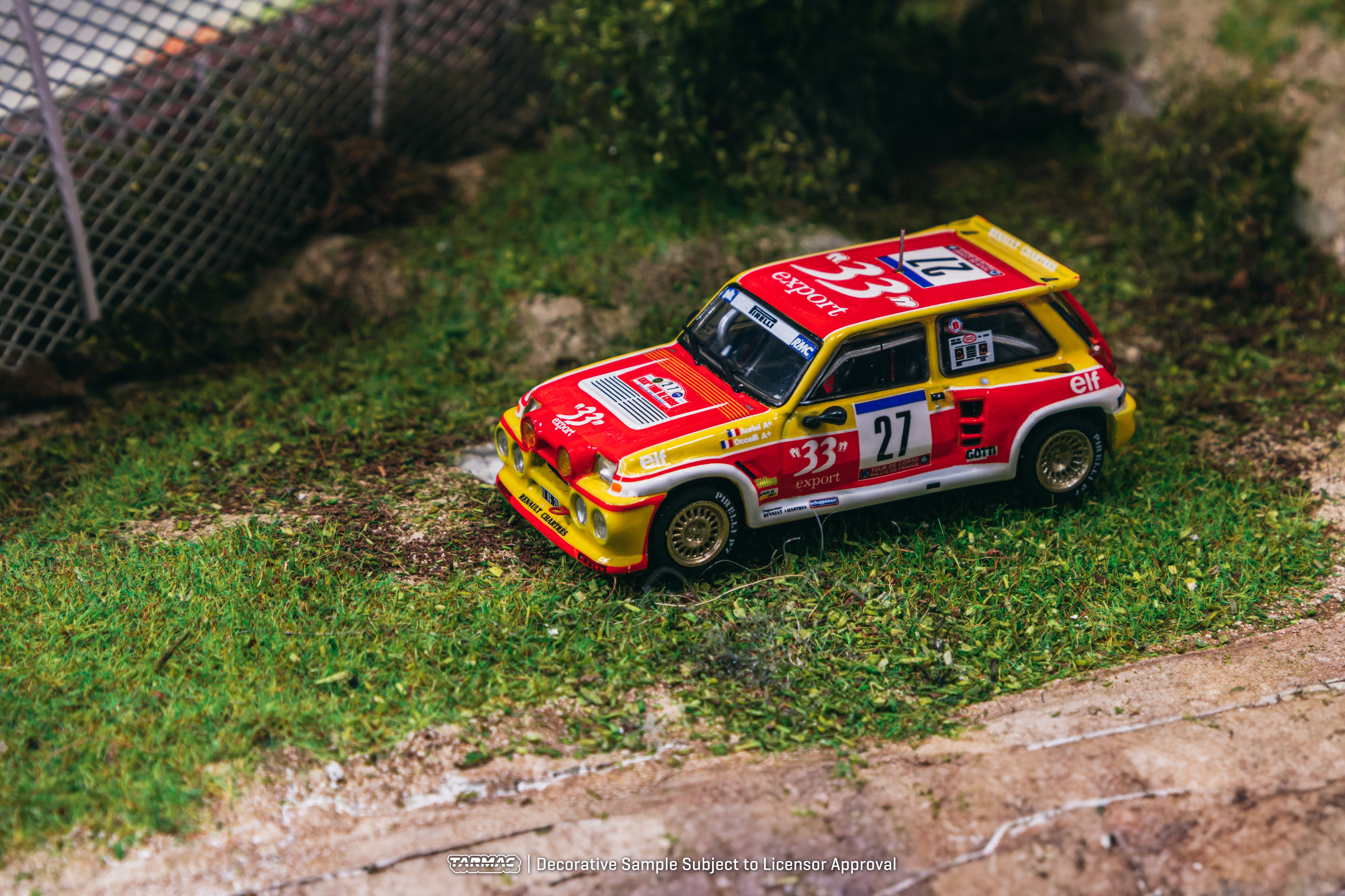 Tarmac Works 1/64 Scale Renault 5 MAXI Turbo Rally Car - Tour de Corse France 1985 #27 Diecast Model - Collectible Hobby64 for Car Enthusiasts & Display in Home Office or Man Cave