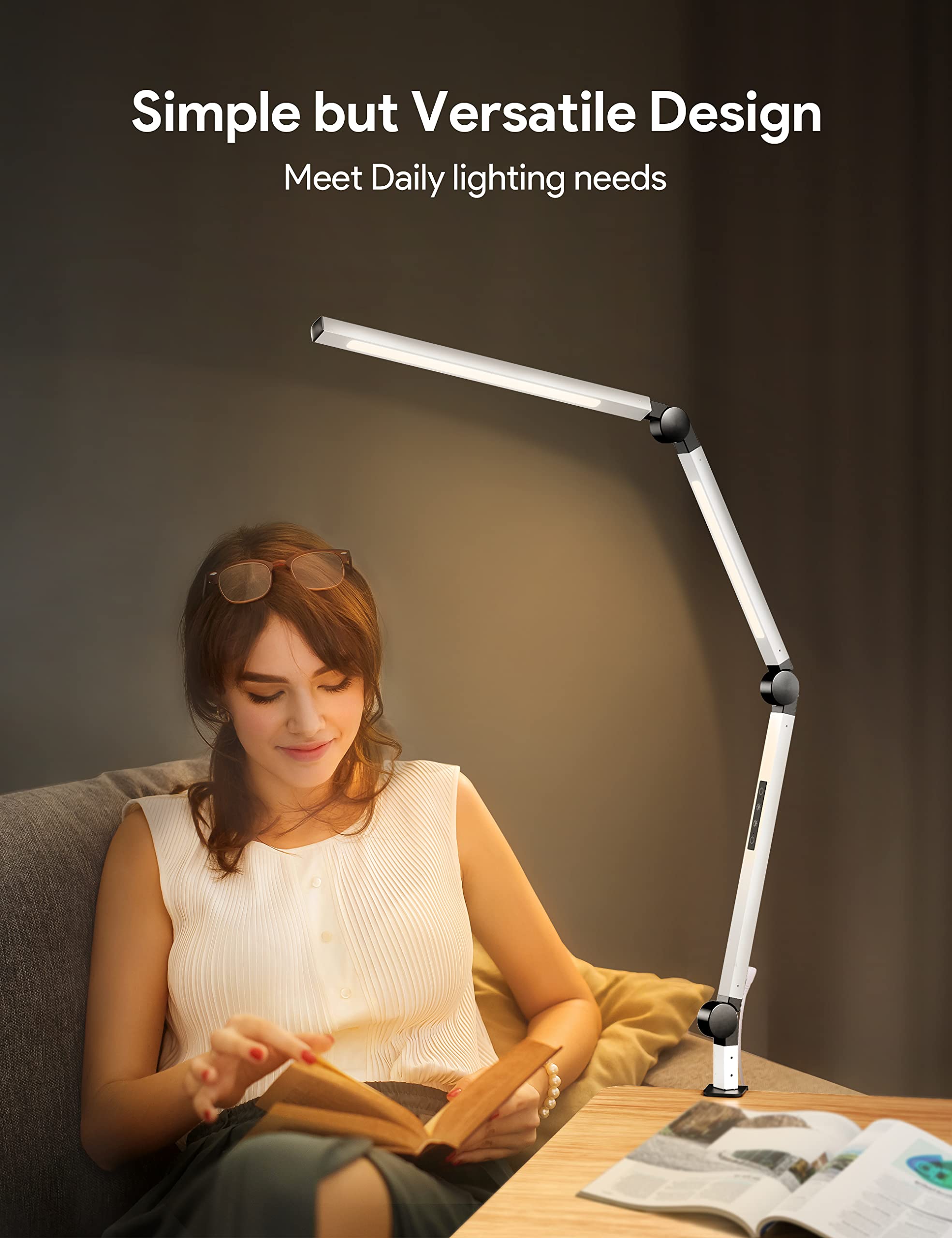 MediAcous LED Desk Lamp with Clamp - Adjustable Swing Arm, 4 Color Modes & 4 Brightness Levels, Dimmable Eye-Caring Light with Memory Function - Perfect for Home Office, Study, Reading & Crafting (White)