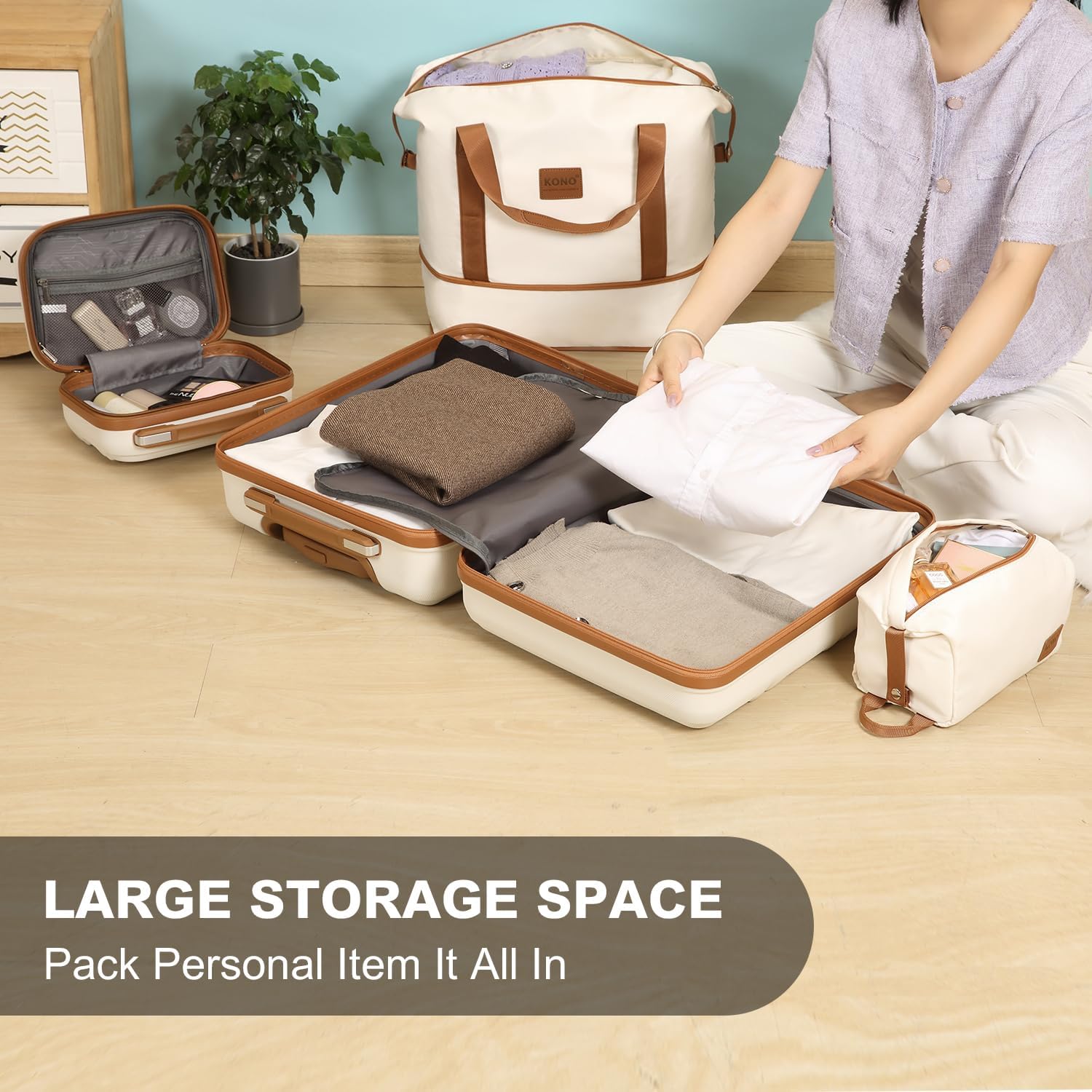 Kono 4-Piece Hardside Luggage Set with TSA Lock & Spinner Wheels - Apricot Grey Carry-On Suitcase for Travel, Business Trips & Weekend Getaways