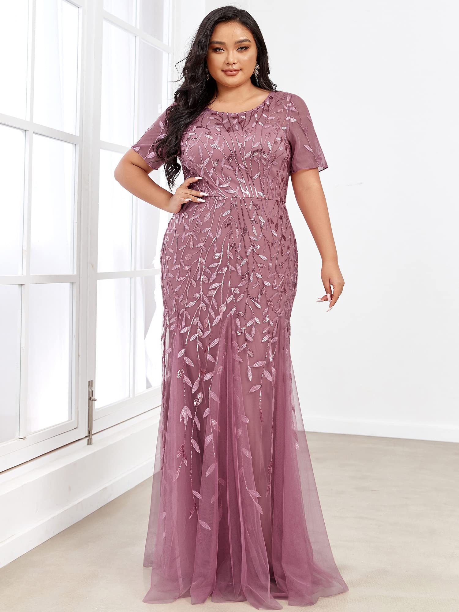 Ever-Pretty Women's Plus Size Embroidery Sequin Short Sleeve Bodycon Maxi Dress 07707-PZUSA | Elegant Formal Gown for Weddings, Prom, Evening Parties & Special Occasions