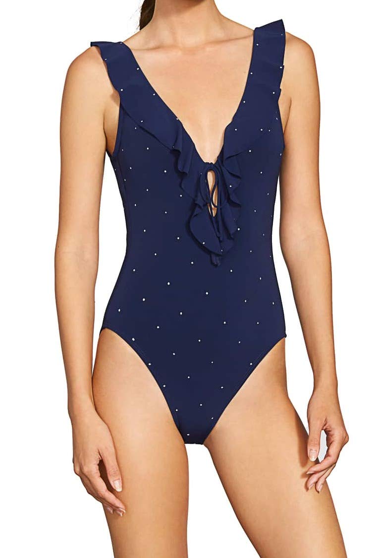Robin Piccone Women's Standard Plunge Neckline Pin Dot One Piece Swimsuit - Sexy Swimwear for Beach, Pool & Vacation | Comfortable & Stylish Bathing Suit for Women