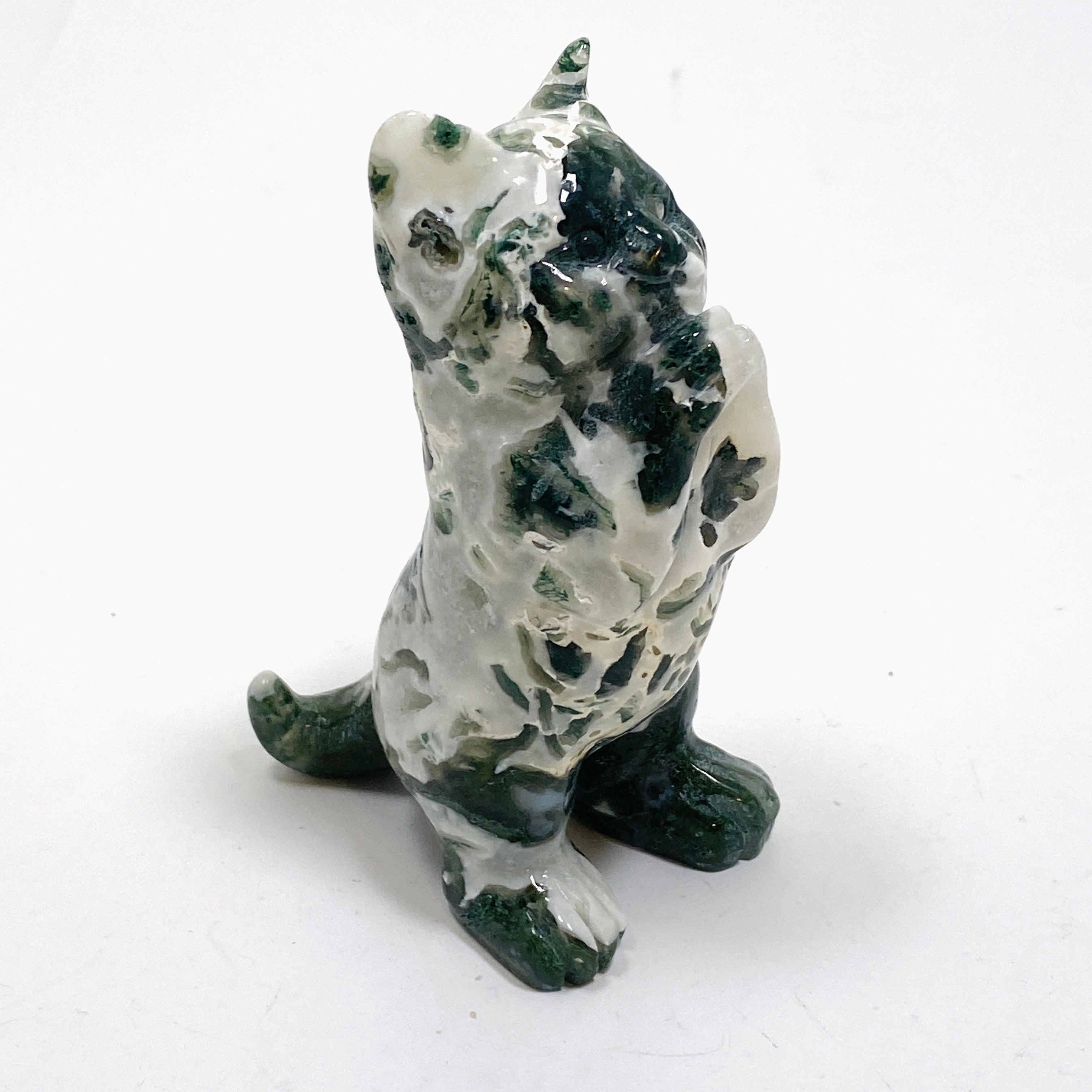 Natural Moss Agate Cat Carving Handmade Figurine - MAC 04 - Spiritual Healing Stone for Home Decor, Meditation & Gifts