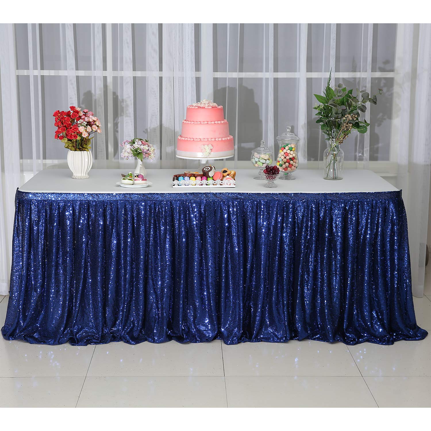 6ft x 30in Deep Blue Sequin Table Skirt - Sparkly Draped Table Cover for Birthday Parties, Baby Showers, Weddings & Events | Perfect for Dessert Tables, Cake Tables & Exhibition Receptions