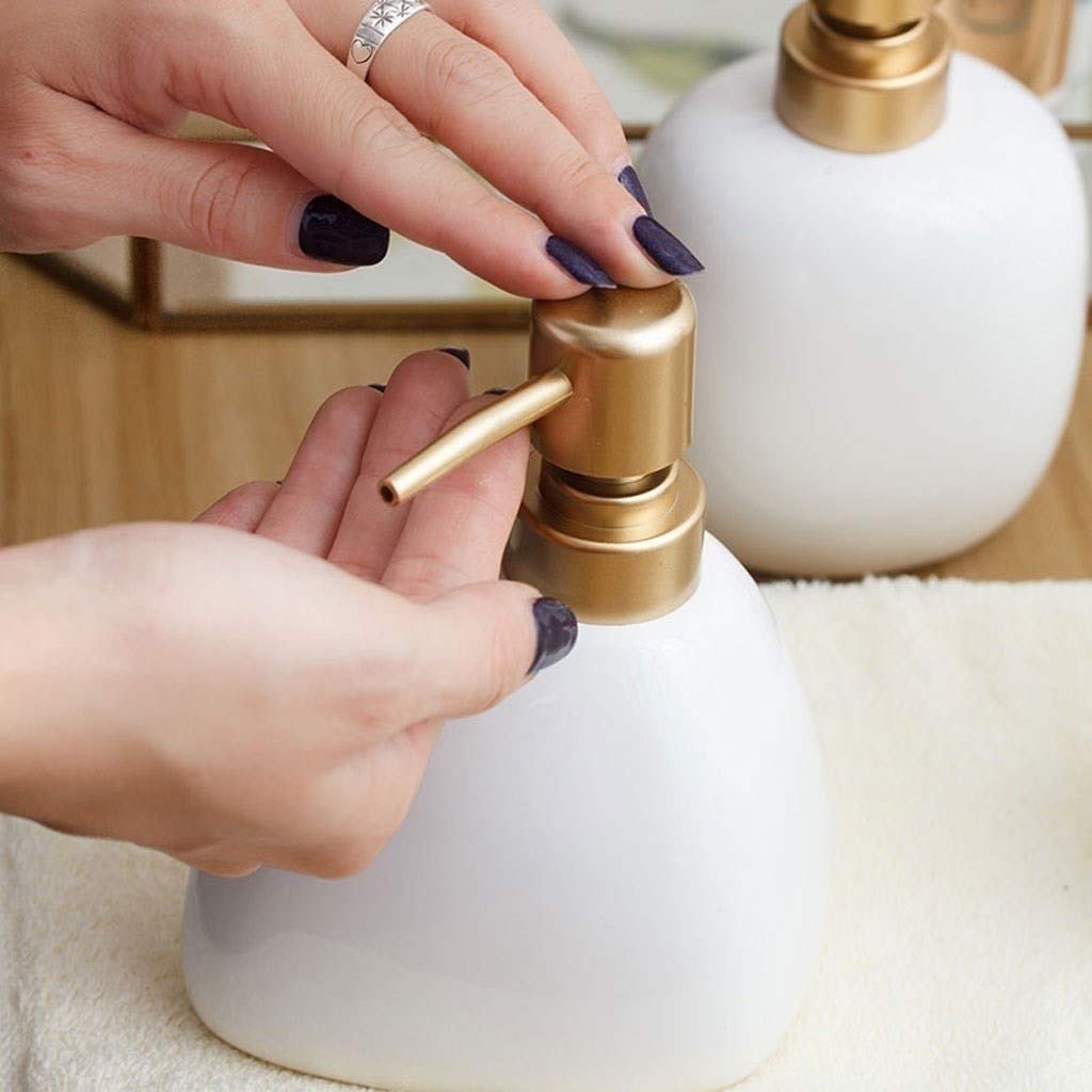 White Ceramic Soap Dispenser - 450ml Oval Bathroom & Kitchen Countertop Lotion Bottle with Pump - Elegant Hand Soap Container for Sink, Vanity, and Guest Bathroom Decor
