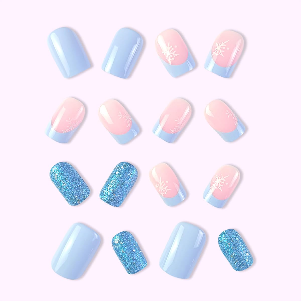 24Pcs Christmas Press on Nails - Medium Square Fake Nails with Snowflake & Blue Glitter French Tip Design, Full Cover Acrylic Glue on Artificial Nails for Women | Perfect for Holiday Parties, Gift Giving & Winter Manicures
