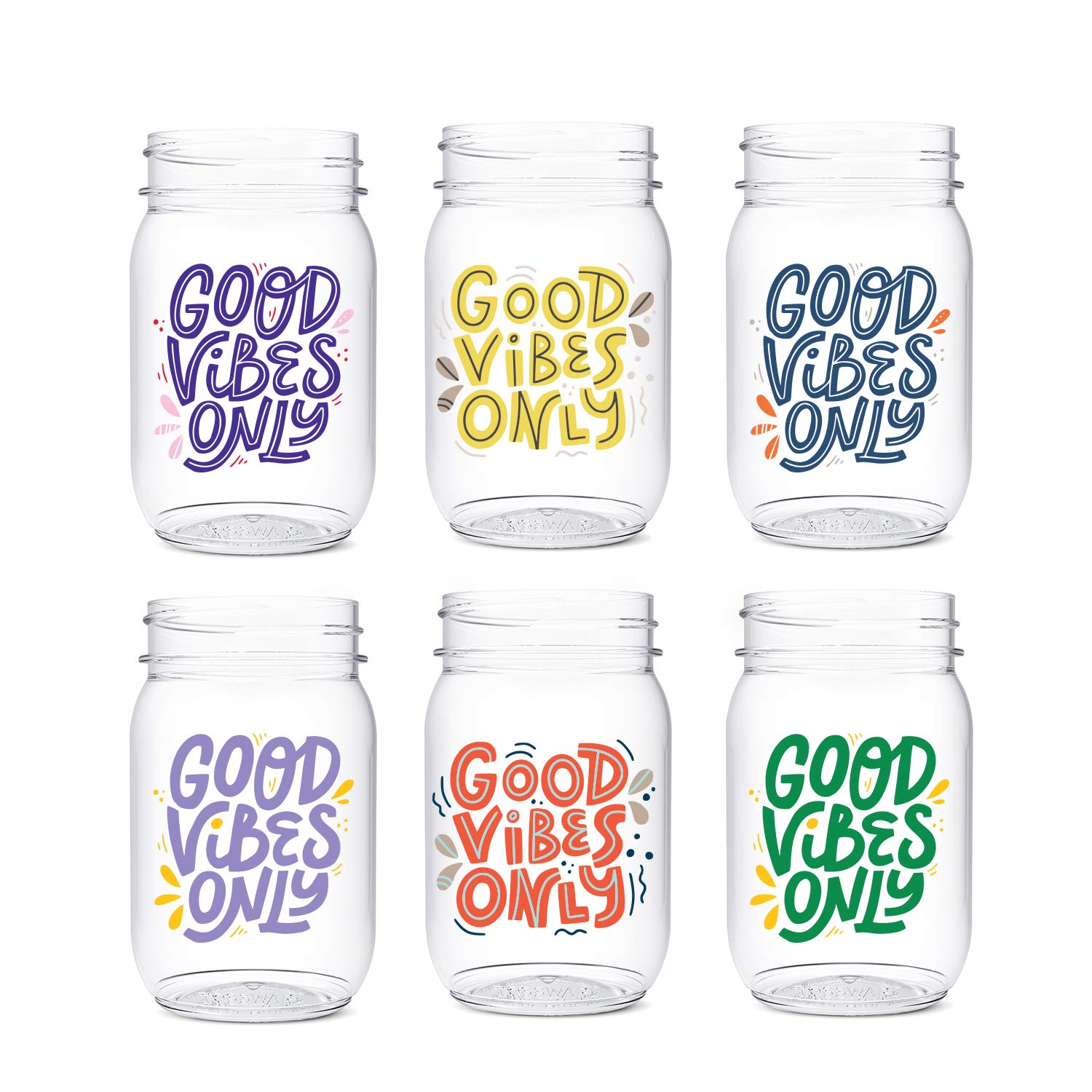 TOSSWARE POP 16oz Mason Jars - Good Vibes Only Series (Set of 6) | Recyclable, Unbreakable & Crystal Clear Plastic Drinking Glasses | Perfect for Cocktails, Iced Coffee, Smoothies & Party Decor