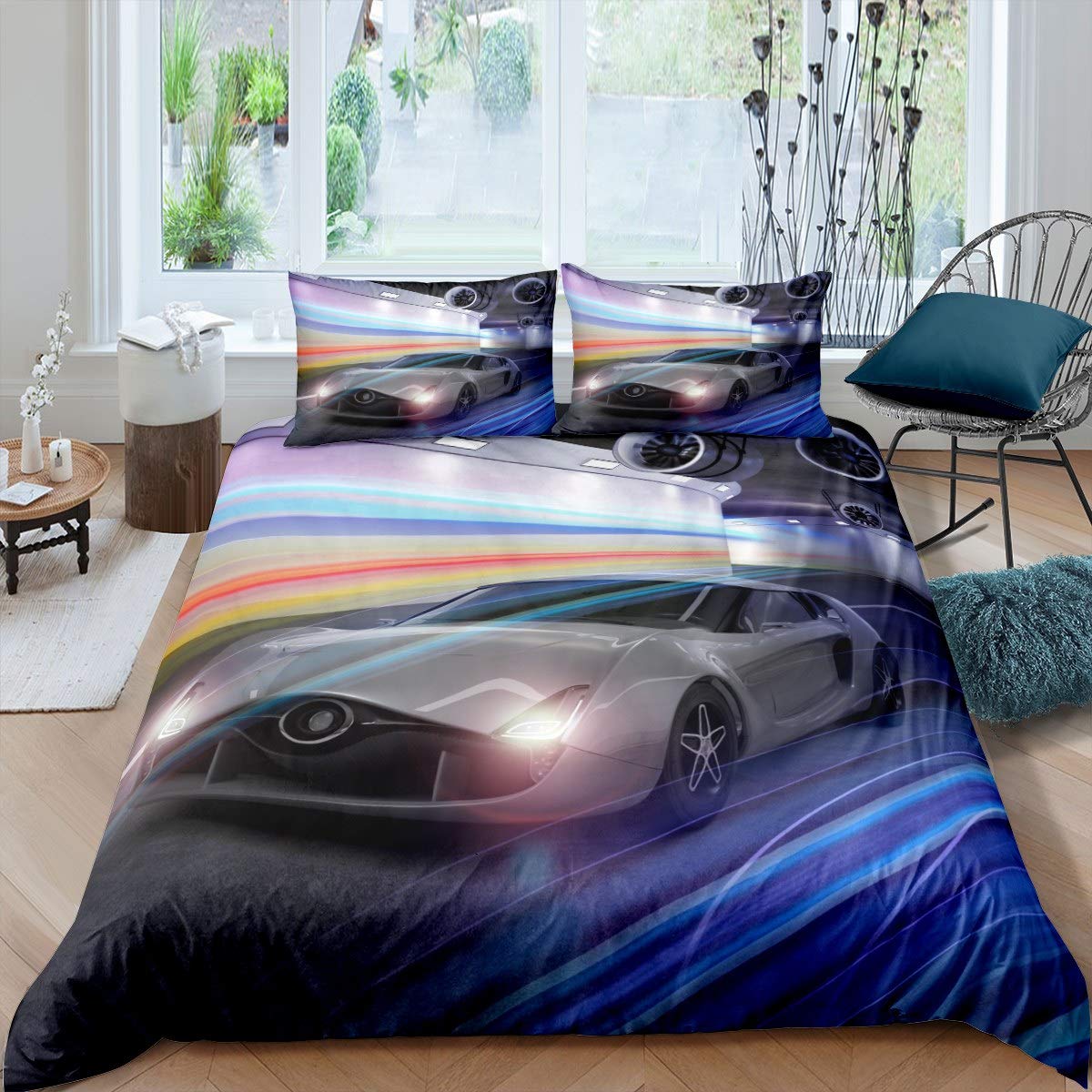 Feelyou Race Car Duvet Cover Set - King Size 3PCS | Modern Sports Car Themed Bedding | Colorful Stripe Design for Men & Women | Perfect for Racing Enthusiasts' Bedroom Decor | Great Gift for Car Lovers