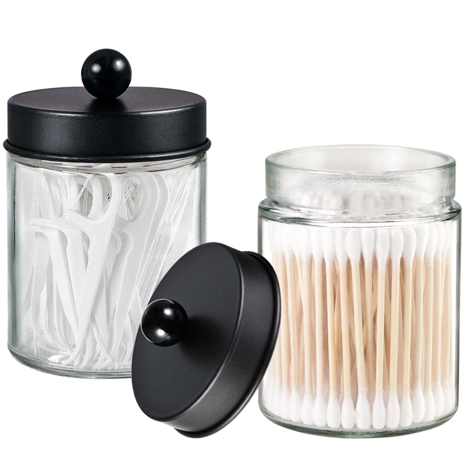 3-Pack Apothecary Jar Canisters with Stainless Steel Lids - Bathroom Vanity Organizer Set for Qtips, Cotton Swabs, Makeup Sponges & Dental Floss | Countertop Storage Containers with Decorative Stickers | Perfect for Home, Salon, and Spa Organization