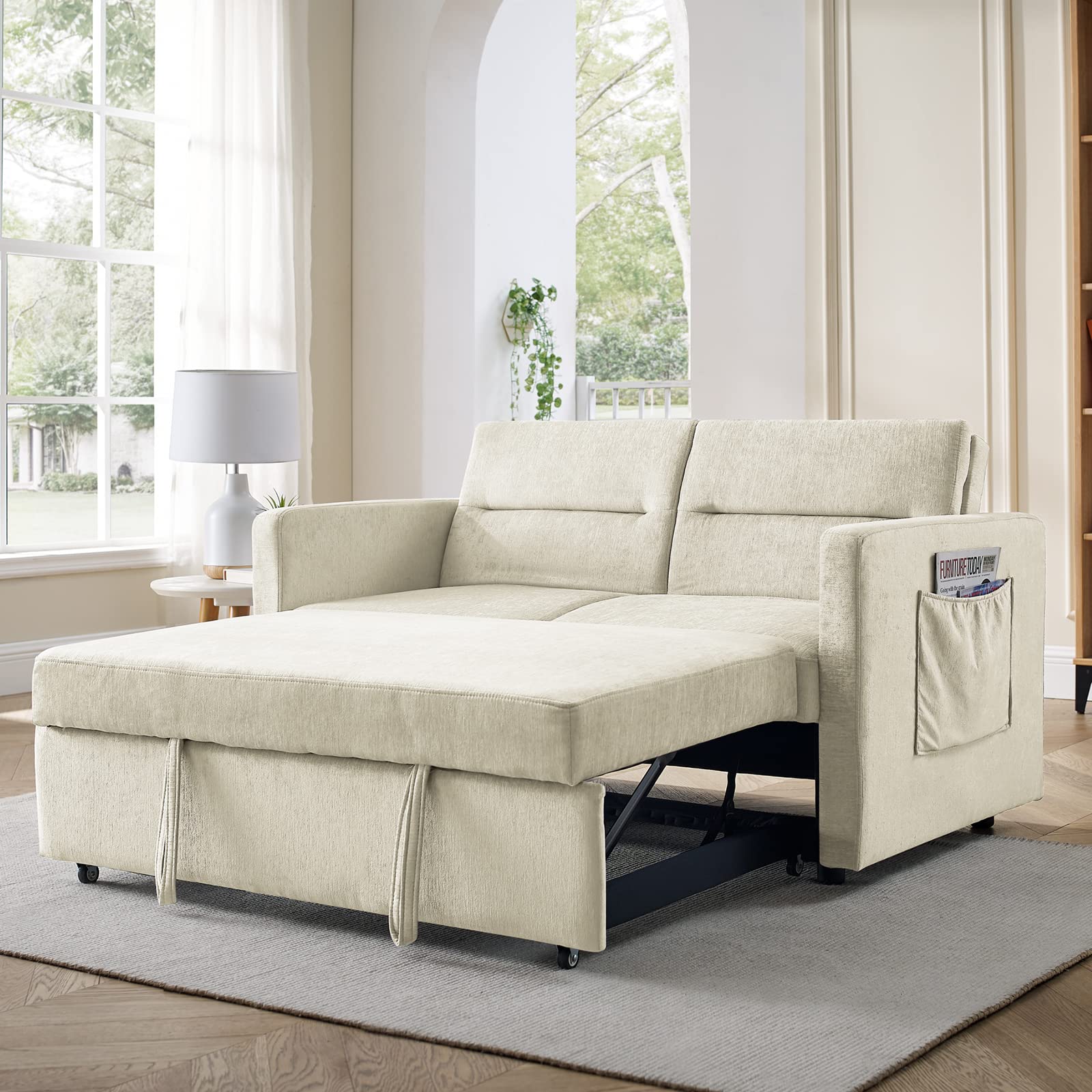 Antetek 3-in-1 Convertible Sleeper Sofa Bed - Modern Velvet Loveseat with Pull-Out Bed & Reclining Backrest, Small Space-Saving Sofa Couch with Side Pocket for Living Room, Apartment, Dorm - Beige, 54.5