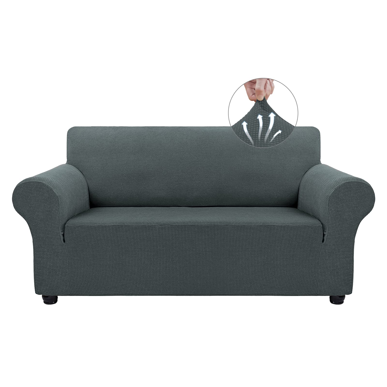 Stretchable Loveseat Slipcovers for 2-Cushion Couches - Pet Proof Sofa Covers with Jacquard Fabric in Small Checks (Medium Size, Gray) - Perfect for Living Room, Apartment & Pet-Friendly Homes
