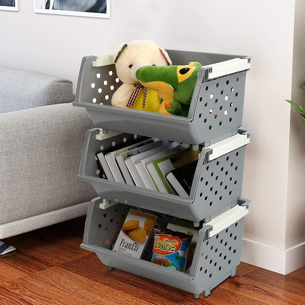 4-Tier Plastic Kitchen Stacking Basket - Space-Saving Storage Organizer for Pantry, Bathroom & Laundry (Grey) - Perfect for Fruits, Vegetables, Toys & Closet Organization