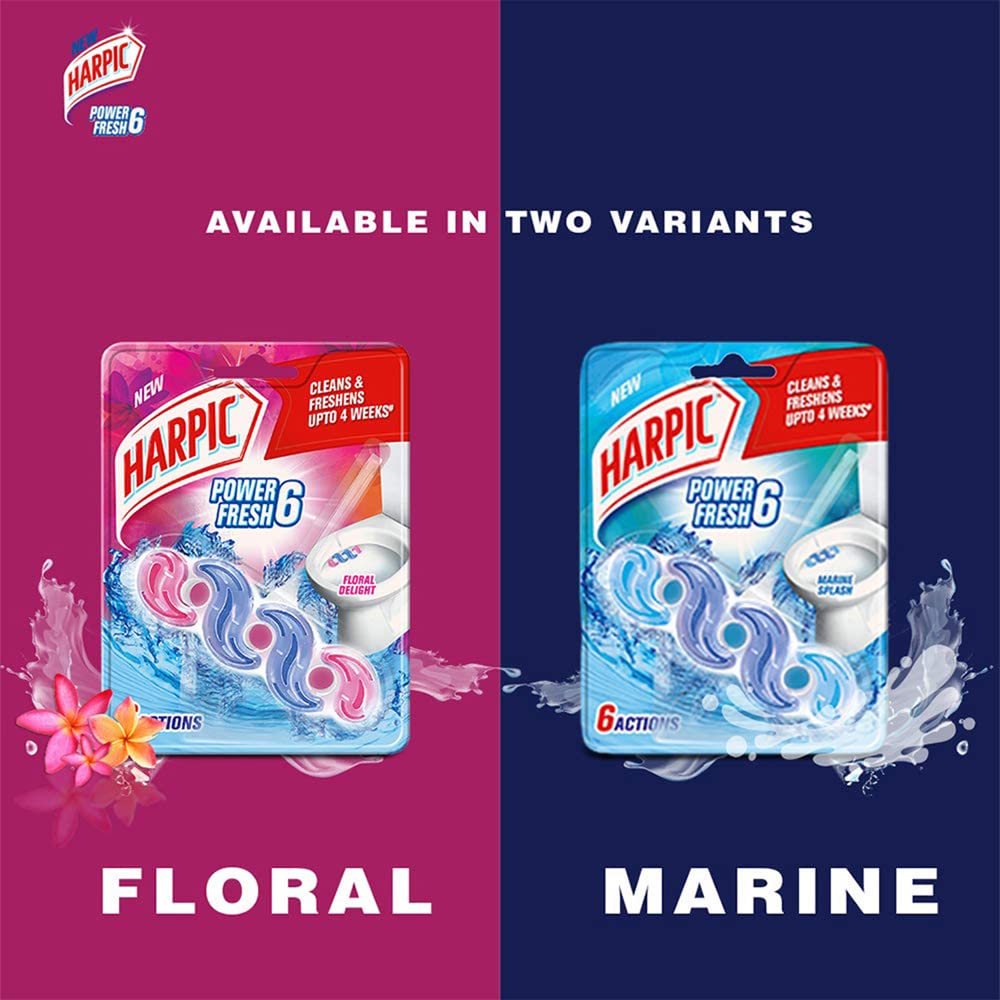 Harpic Power Fresh Toilet Cleaner Rim Block - Marine Splash Scent, 35g (6-Pack) | Long-Lasting Freshness & Stain Removal for Toilet Bowls | Perfect for Bathroom Cleaning & Odor Control