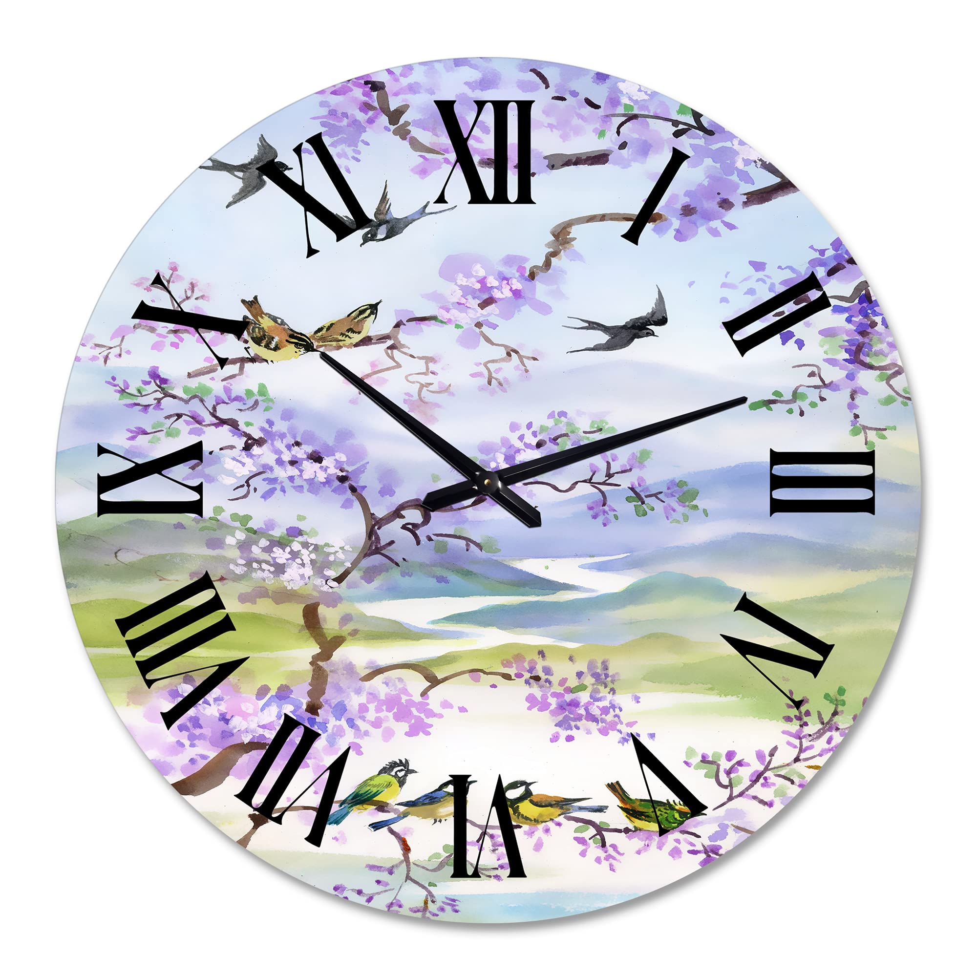 DesignQ Traditional Wall Clock 'Birds On Cherry Branch' - Large Decorative Clock for Kitchen, Living Room, Bedroom - Silent Non-Ticking Wall Clock with Animal Motif - Perfect Home & Office Décor
