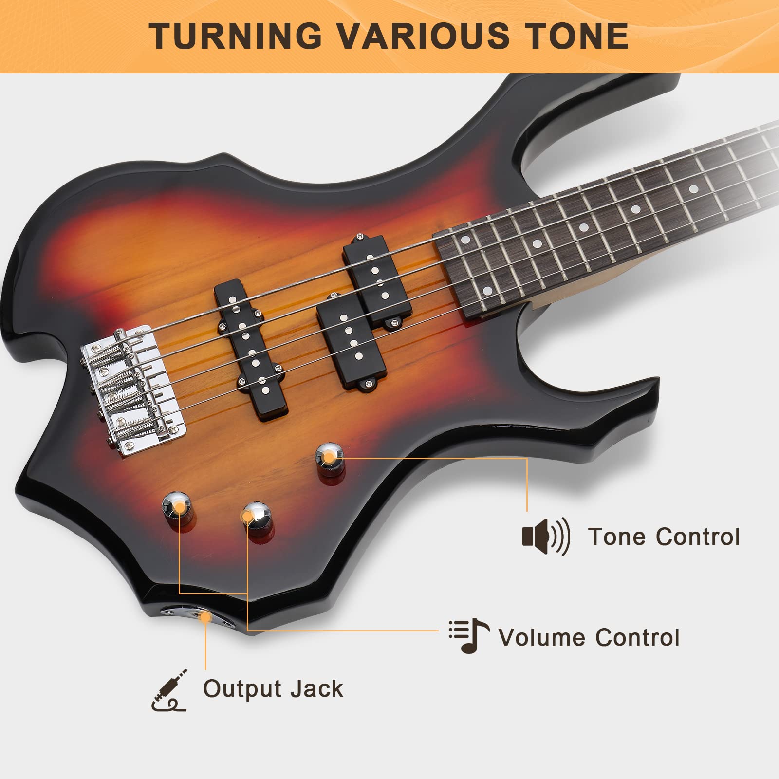 GLARRY 4-String Electric Bass Guitar with Buring Fire Design - Single Coil & Split Coil Pickups for Beginners & Adults (Right Hand) - Includes 20W Amp, Gig Bag, Strap & Cable (Sunburst) - Perfect for Rock, Jazz & Home Practice Sessions