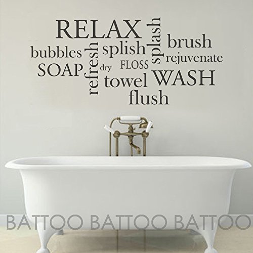 BATTOO Bathroom Wall Decor Decal - Vinyl Lettering Sign with Wash Brush Floss Flush Rules - Black 40