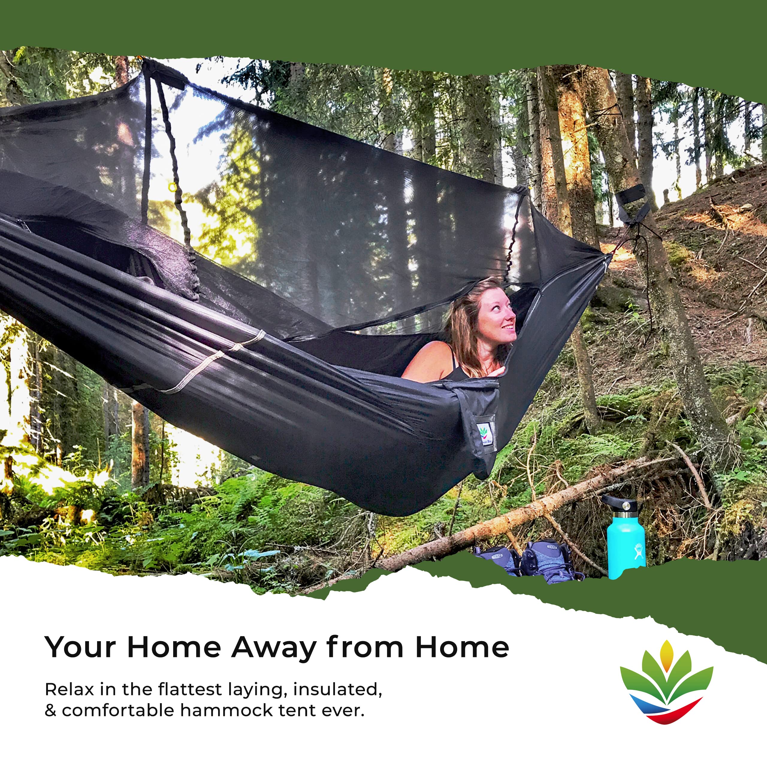 Portable Hammock Tent with Mosquito Net - Lightweight Asymmetrical Design & Built-In Inflatable Pad Sleeve for Flat Sleeping - Bug-Free Camping Hammock for Backpacking, Hiking, and Outdoor Adventures