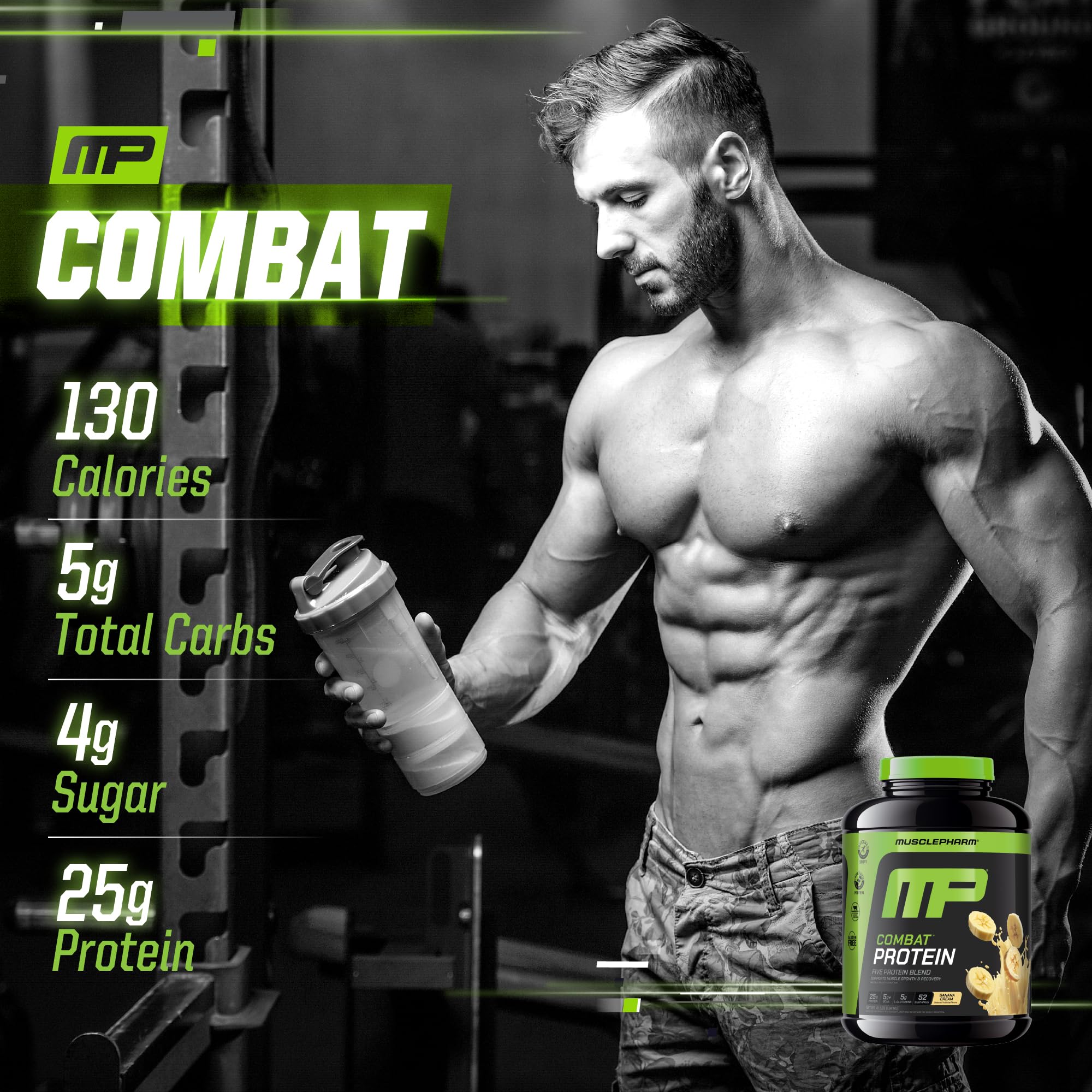 MusclePharm Combat Protein Powder - Banana Cream Flavor, 5 Protein Sources (Whey Isolate & Egg Albumin), Gluten Free, 4lb (52 Servings) - Post Workout Recovery & Muscle Growth Supplement for Athletes & Fitness Enthusiasts