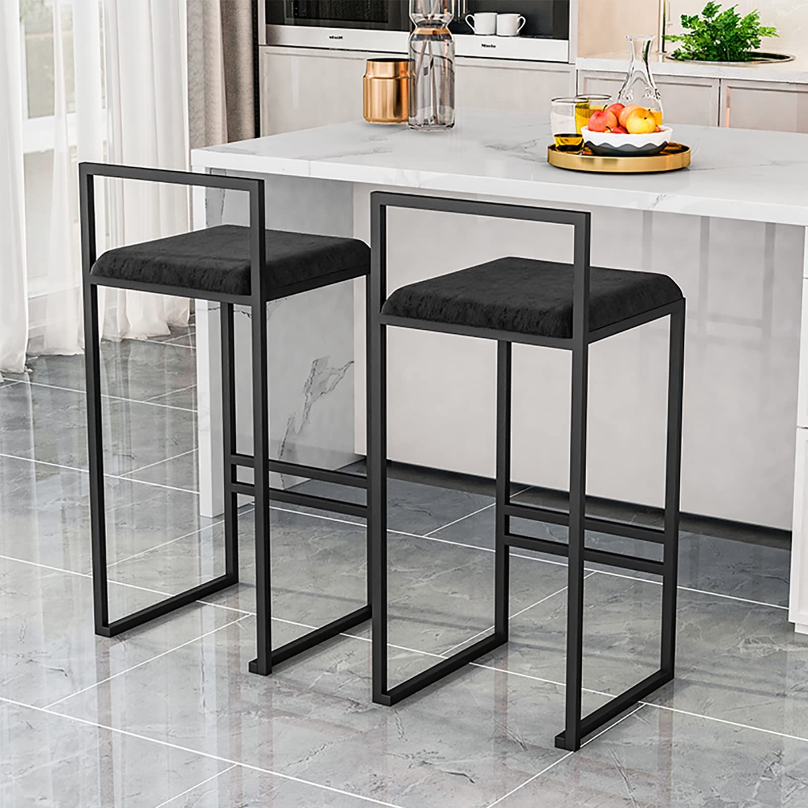 2-Pack Black Metal Bar Stools with Velvet Cushion & Footrest - 25.6