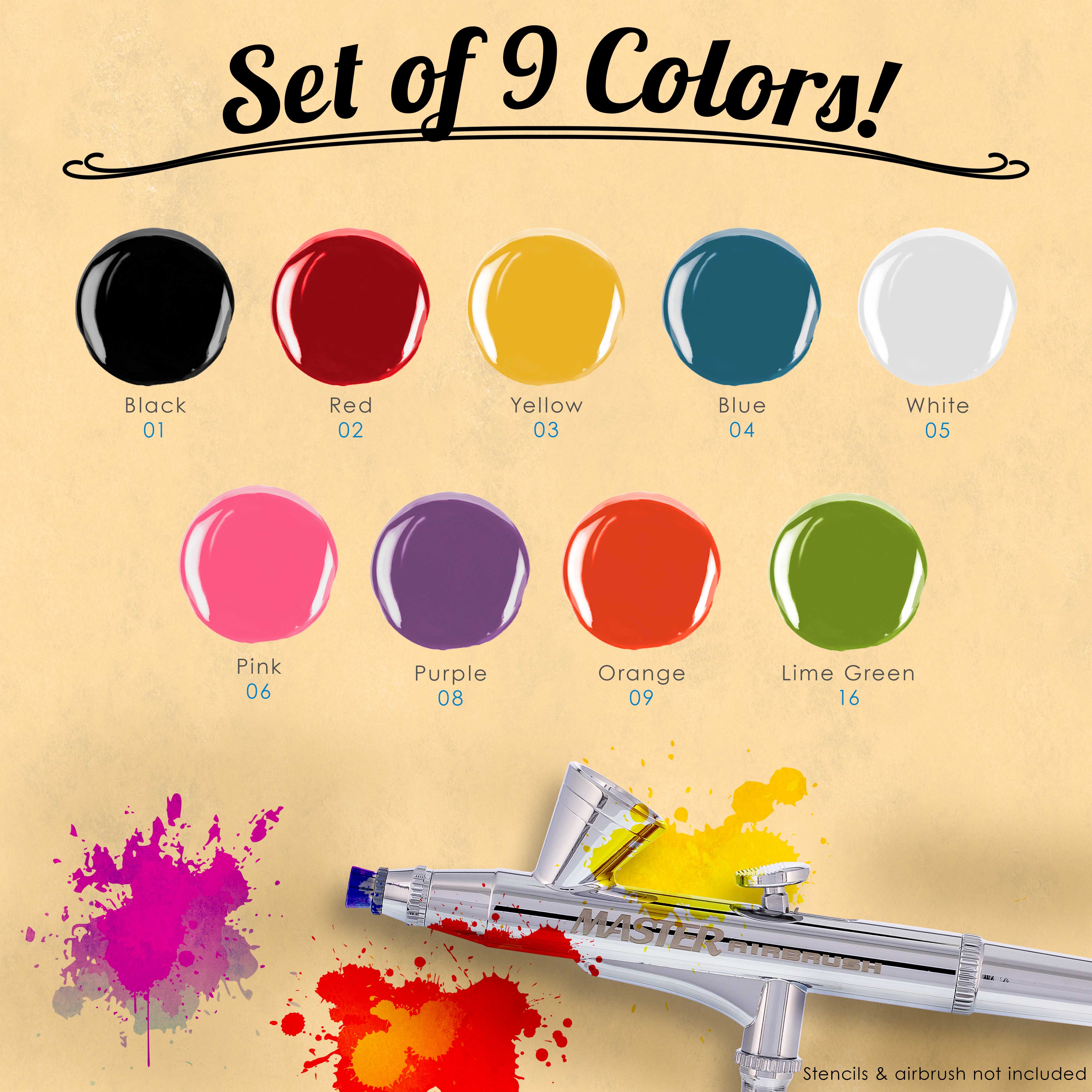 9 Color Temporary Tattoo Kit - Custom Body Art Airbrush Paint Set for Face & Body Painting, Halloween Costumes, Cosplay and Party Makeup
