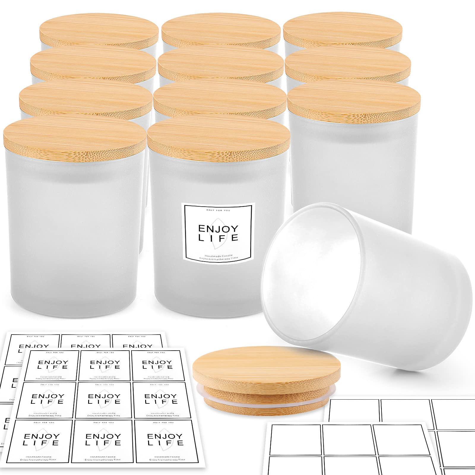 GOTIDEAL 12 Pack 9oz Frosted White Candle Jars with Bamboo Lids - Bulk Empty Candle Containers for DIY Soy Wax Candles, Wedding Decor & Home Fragrance