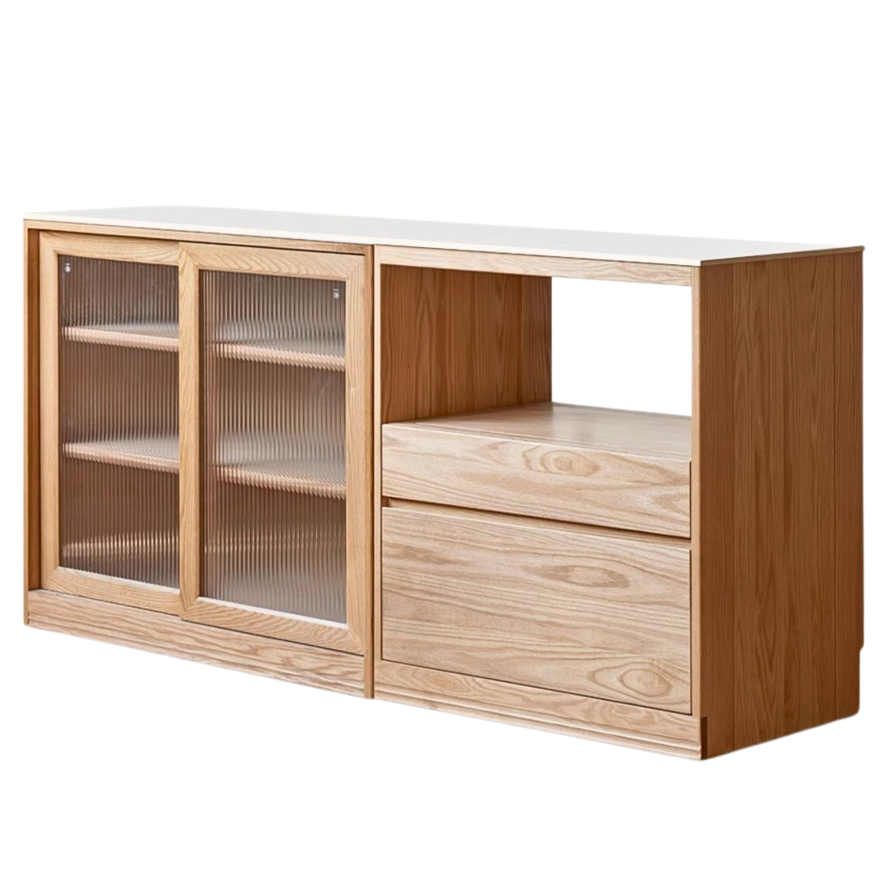 Solid Oak Wood Sideboard Buffet Cabinet - Multi-Functional Storage Locker with Drawers & Shelves for Dining Room, Living Room, and Entryway Organization