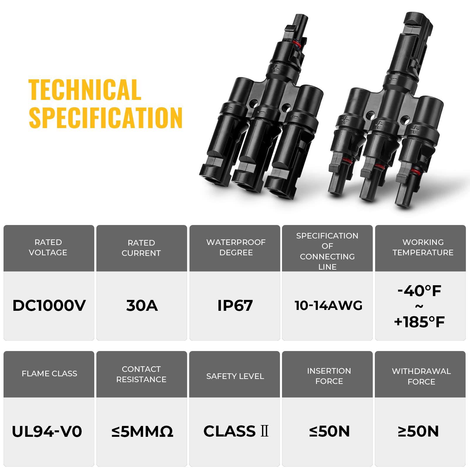 1 Pair 3-in-1 Waterproof T Branch Solar PV Panel Connector - MC4 Male & Female for Solar Panel Wiring, Off-Grid Systems, and RV Solar Installations