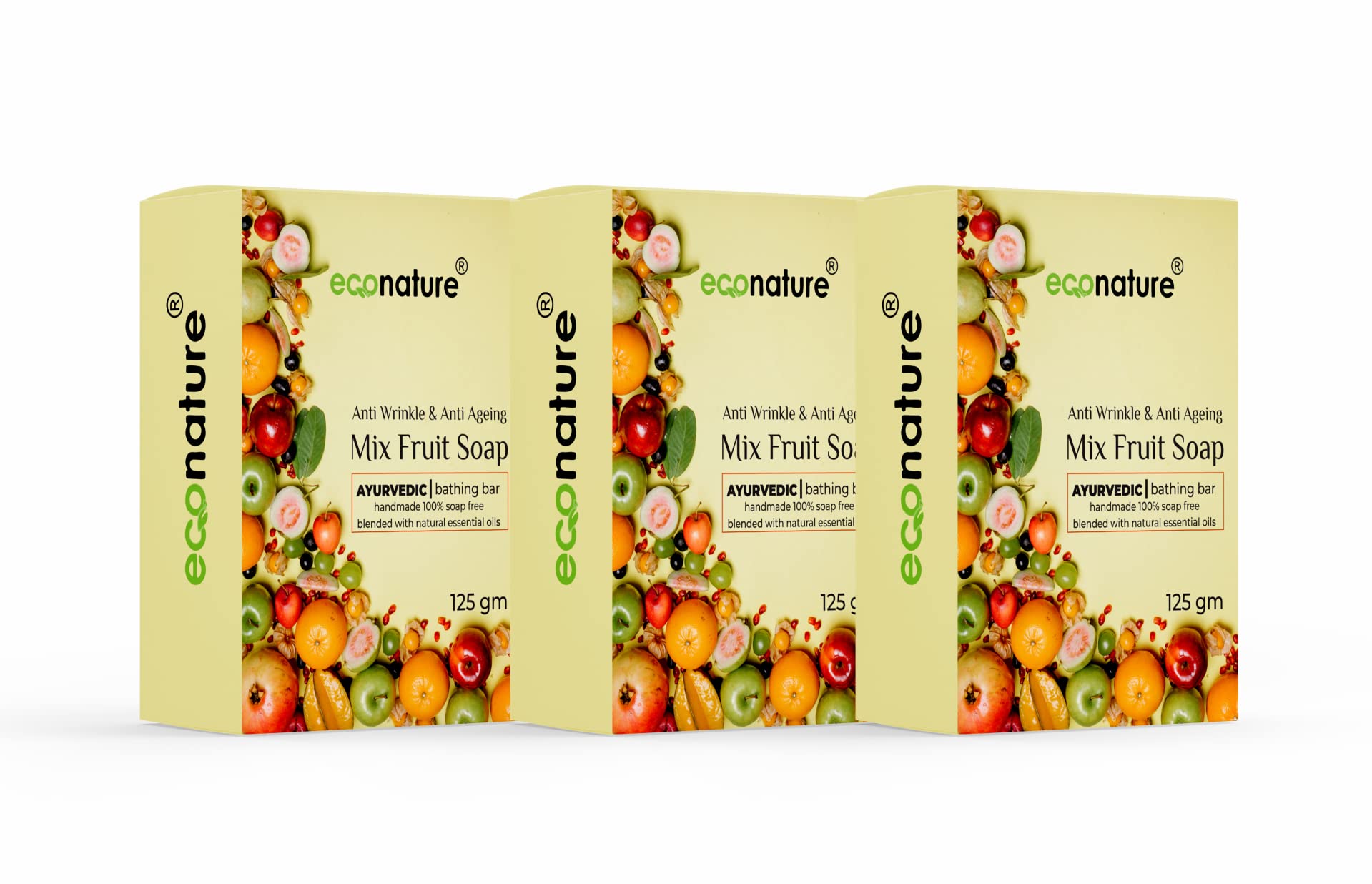 Econature Mix Fruit Soap Bar - 3 Pack (125g Each) | Natural Herbal Bath Soap with Essential Oils for Glowing Skin | Deeply Moisturizing & Gentle for All Skin Types | Perfect for Daily Shower, Spa Day & Gift Sets
