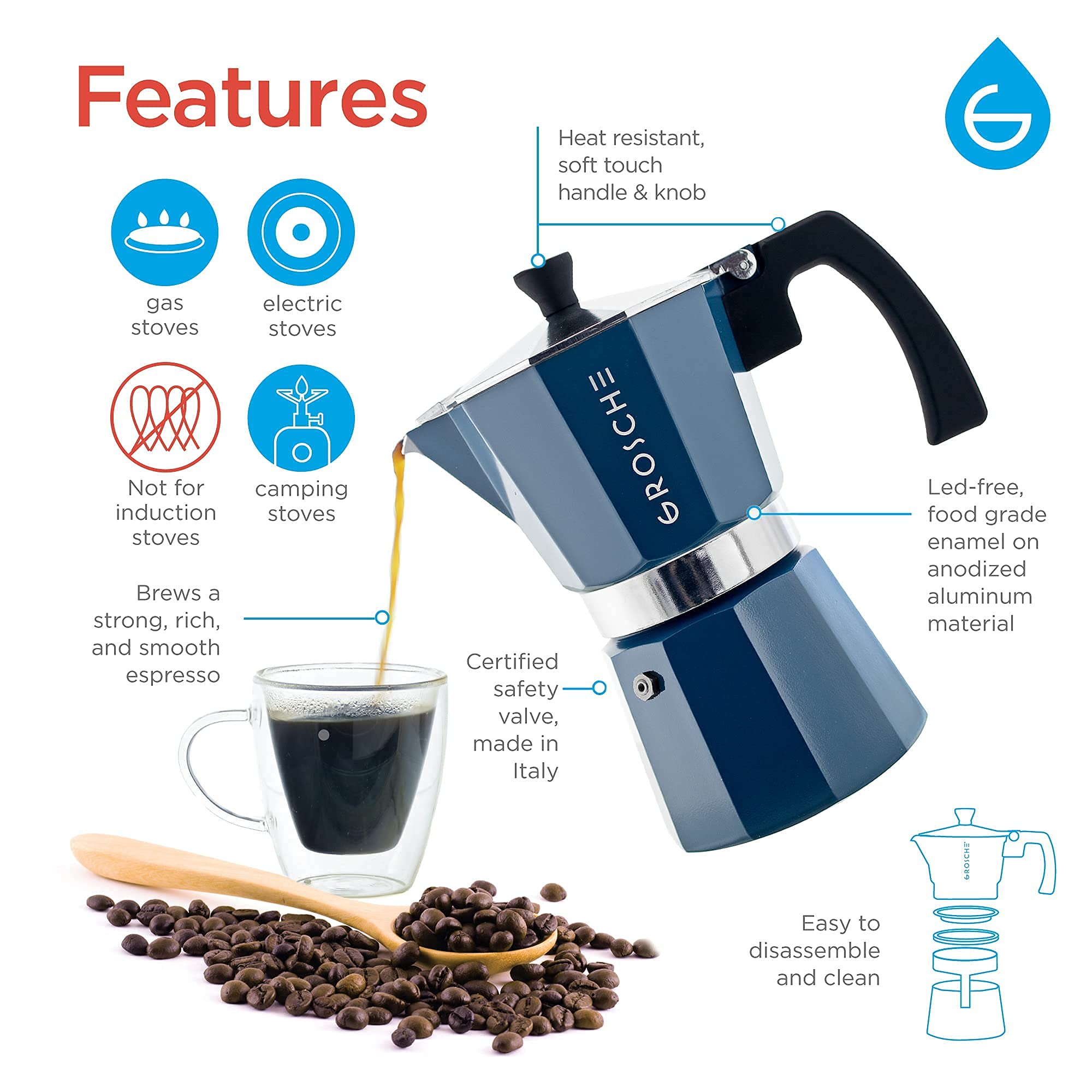 GROSCHE Milano Stovetop Espresso Maker (6 Cup, 9.3 oz) & Battery Operated Milk Frother Bundle - Perfect for Homemade Lattes, Cappuccinos and Coffee Drinks - Blue Italian Moka Pot Set for Coffee Lovers