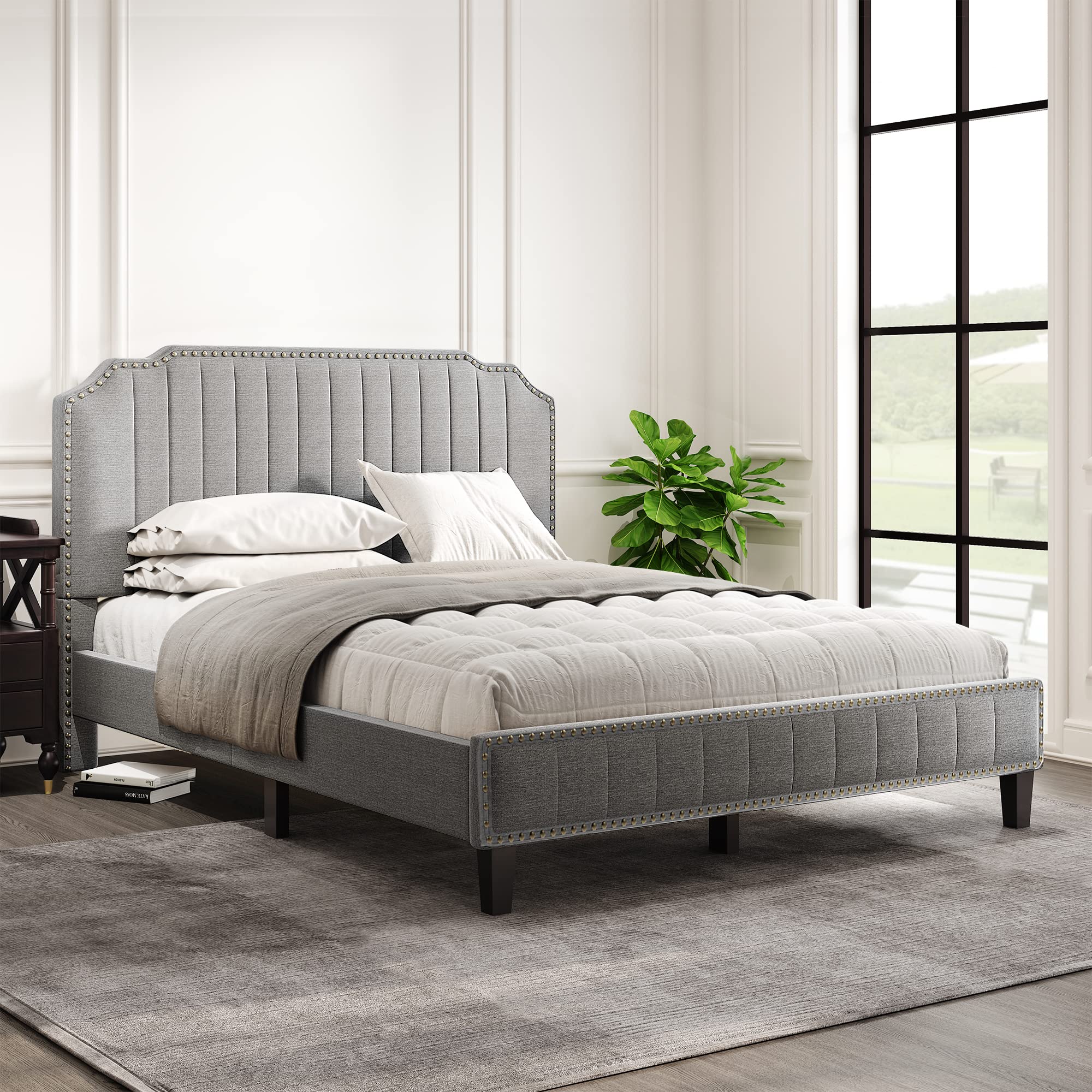 Modern Upholstered Full Size Platform Bed Frame with Solid Wood Structure - Grey Linen Fabric Headboard & Nailhead Trim - Perfect for Master Bedroom, Guest Room & Apartment Sleeping