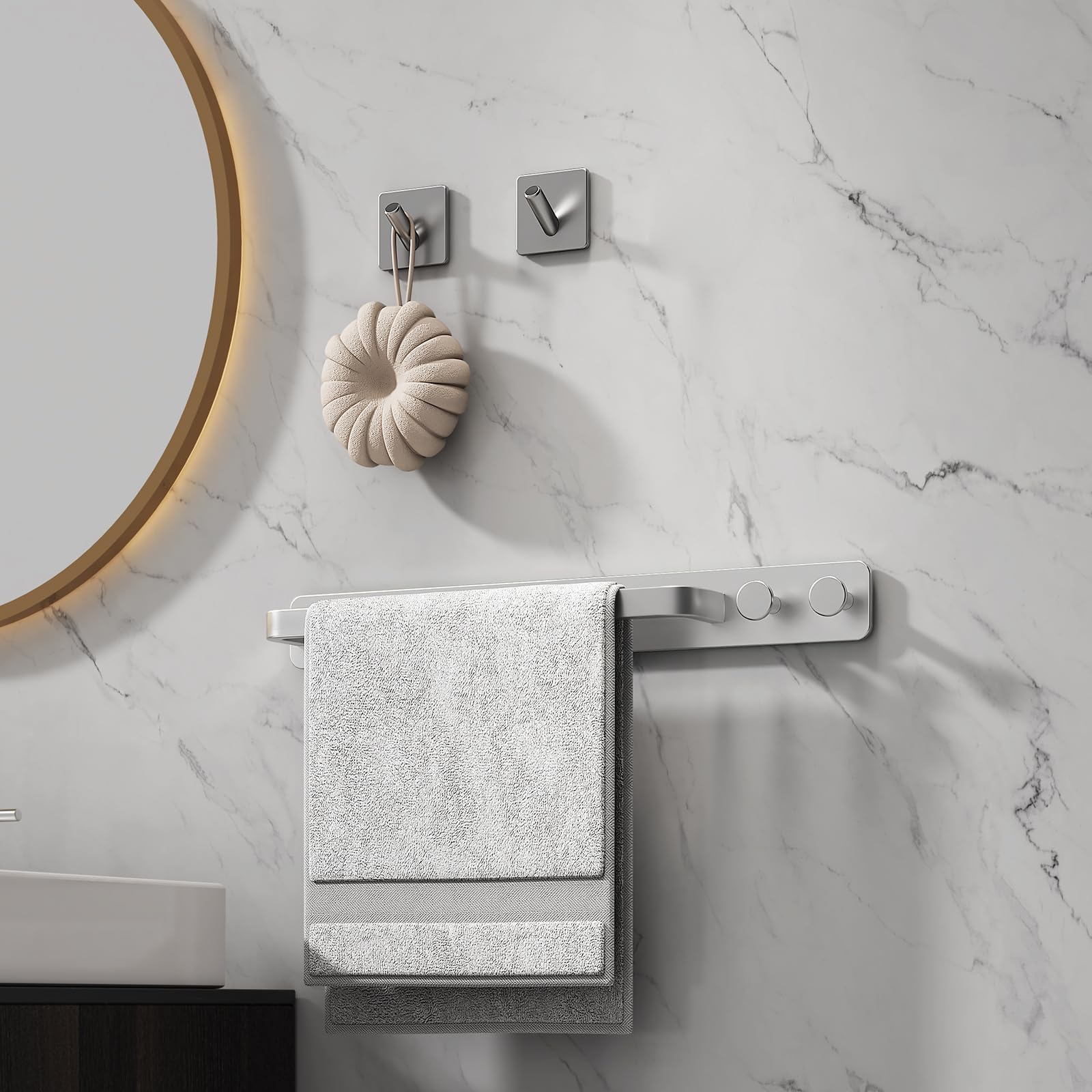 Self Adhesive Towel Bar - No Drill Bathroom Towel Holder with 2 Hooks, 15.6 Inch Wall Mount Towel Rack, Sticky Bath Towel Hanger (Silver) - Perfect for Small Bathrooms, RVs, Dorms & Apartments
