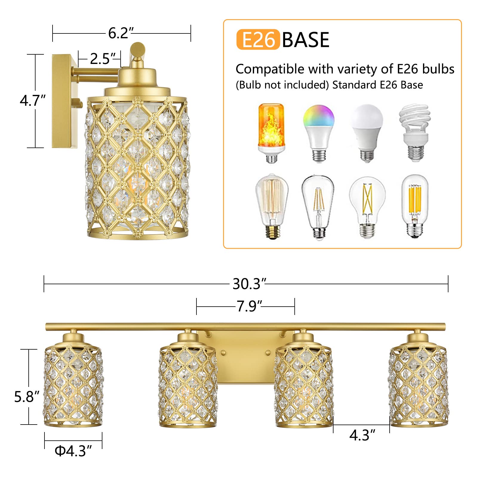 Gold Bathroom Light Fixtures - Modern Farmhouse Vanity Mirror Lighting for Powder Room & Bath