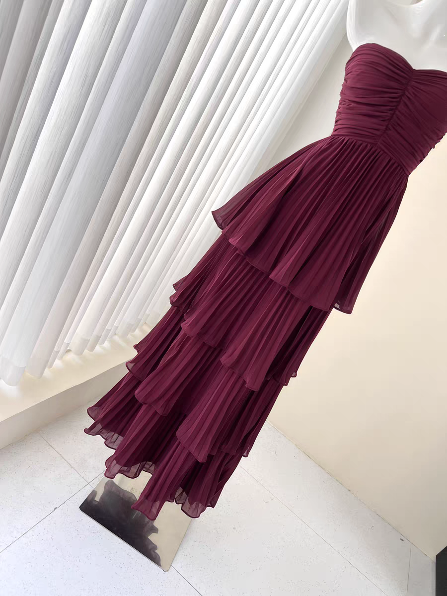 Elegant Burgundy Strapless Chiffon Pleated Tiered Long Evening Dress for Prom, Wedding & Formal Events - Style J6734