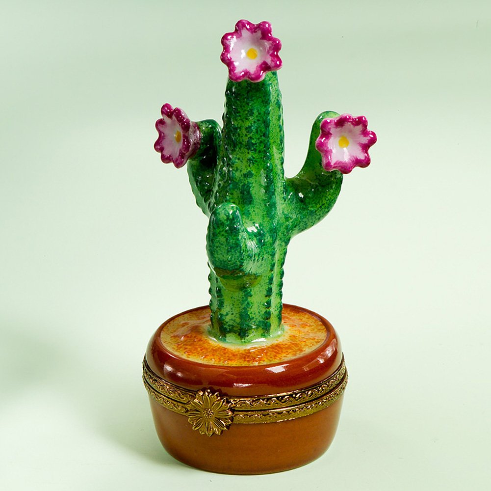 Authentic Limoges French Hand-Painted Cactus in Pot with Flowers - Elegant Home Decor, Perfect for Living Room, Office Desk & Gift Giving