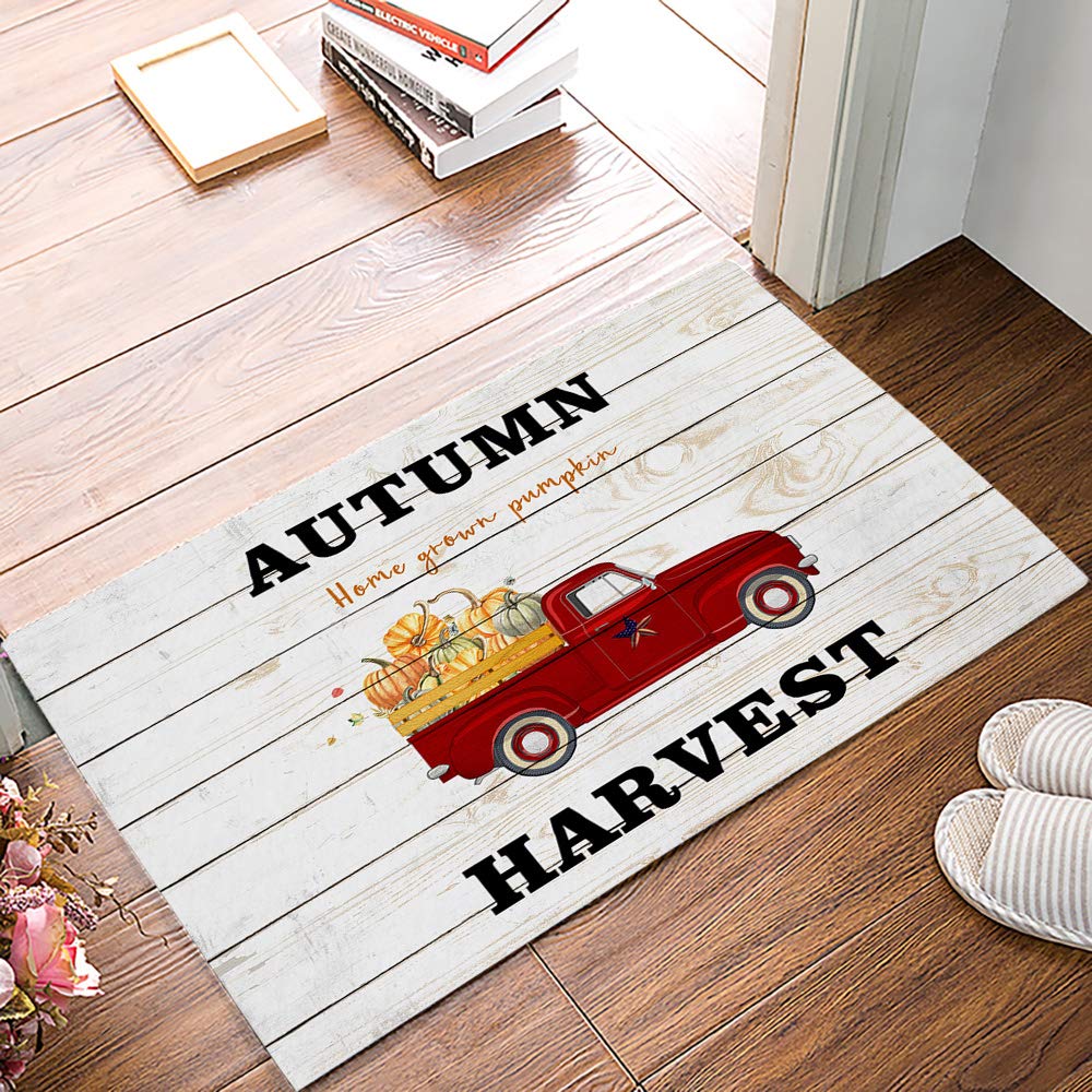 Autumn Harvest Red Truck Pumpkin Welcome Doormat - Non-Slip Indoor/Outdoor Front Door Mat for Fall Decor (16