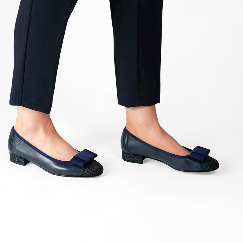 Fabucci Women's Navy Blue Leather Ballet Flats with Bow - Comfortable & Stylish Shoes for Work, Travel & Casual Outfits