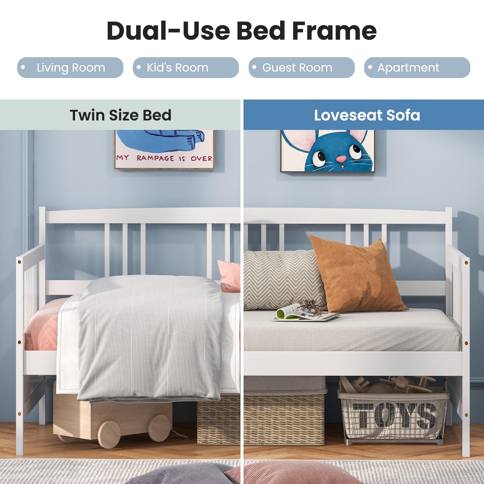 Giantex Twin Daybed Frame with Wooden Sofa Bed Design - Sturdy Wood Slat Support & Side Rails - No Box Spring Needed - Dual Use for Living Room & Bedroom - Perfect for Guest Beds, Small Spaces & Studio Apartments - White