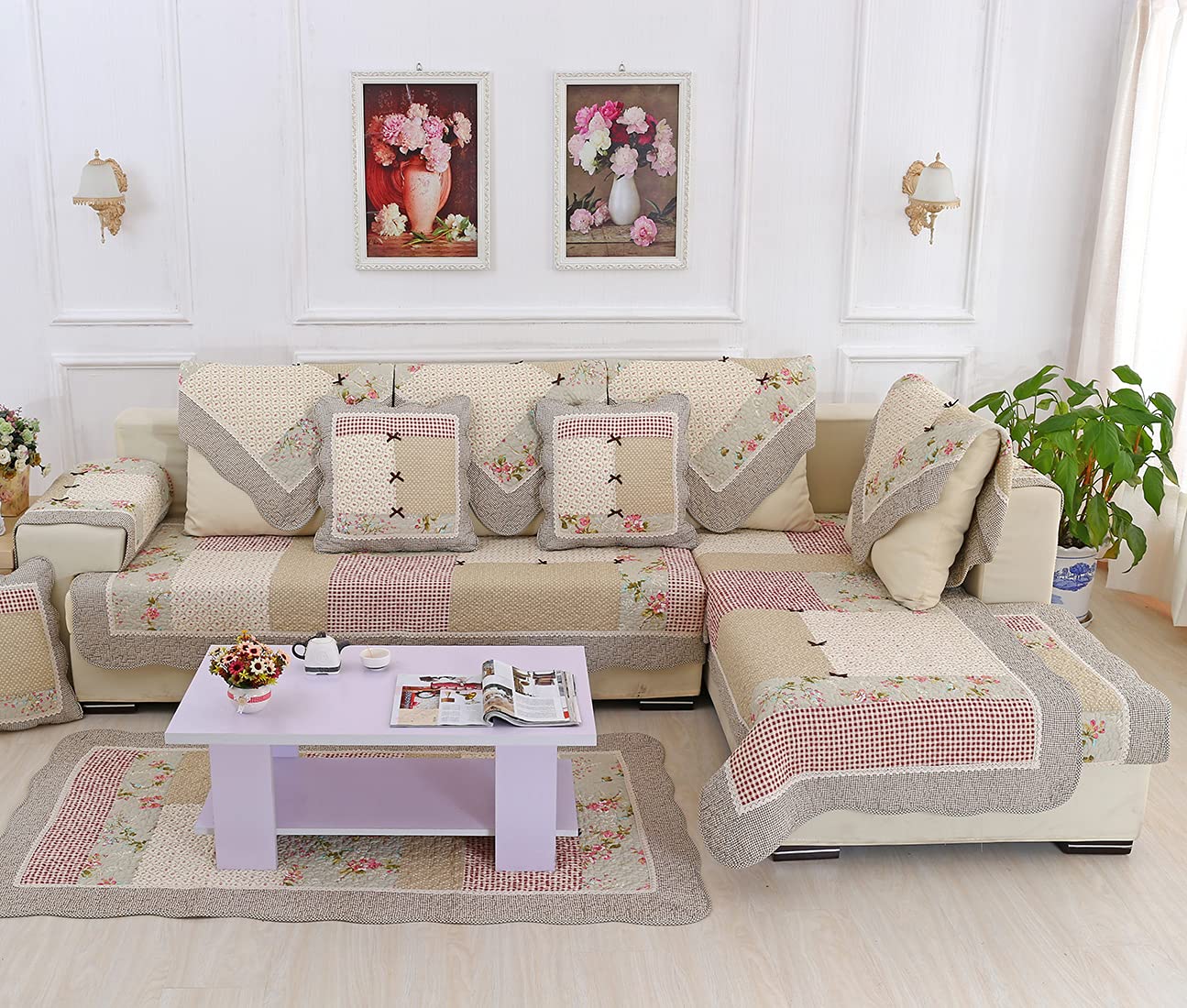 VCTOPS Bohemian Cotton Quilted Sectional Couch Cover with Lace Edge - Floral Plaid Patchwork Sofa Slipcover, Non-Slip Ultra Soft Pet & Kid Friendly Furniture Protector (Red, 28x28 inches) - Perfect for Living Room, Bedroom & Home Decor