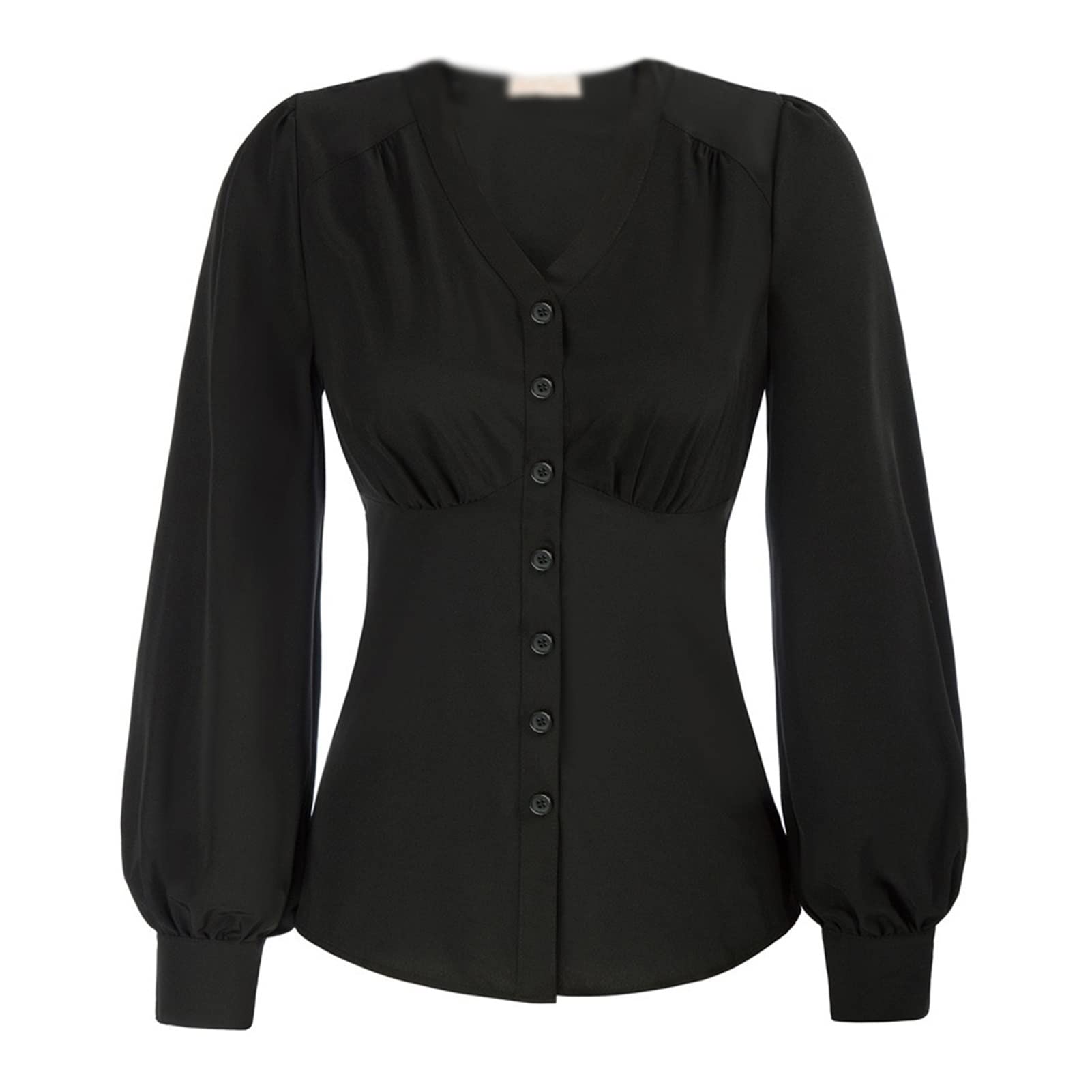 MJWDP Women's Slim Fit V-Neck Long Sleeve Button Up Shirt - Elegant Lantern Sleeve Blouse for Office, Casual Wear & Special Occasions (Color: A, Size: XL)