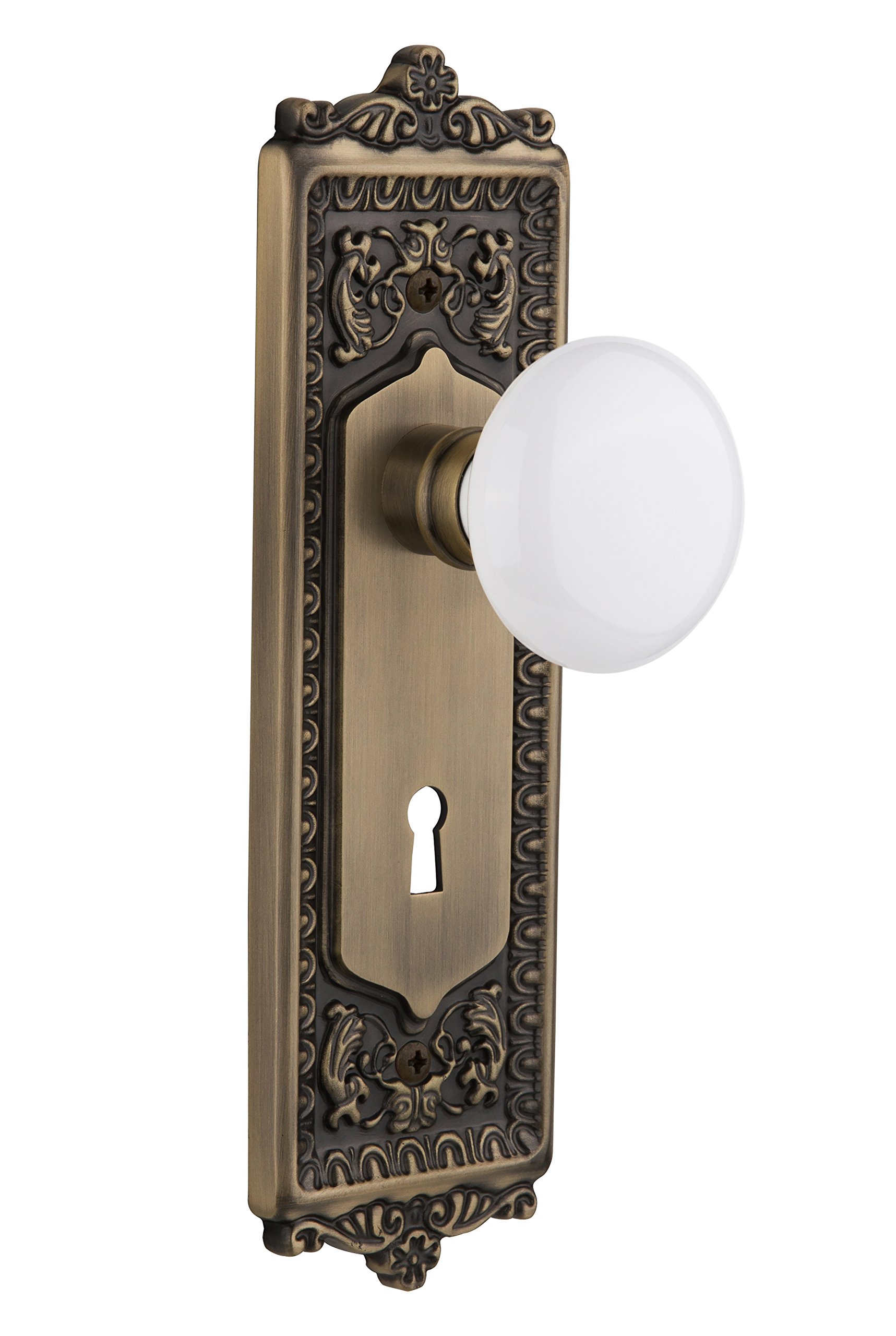 Vintage Egg & Dart Design White Porcelain Cabinet Knob with Keyhole - Antique Brass Finish for Kitchen & Bathroom Cabinets, Dressers & Furniture Hardware