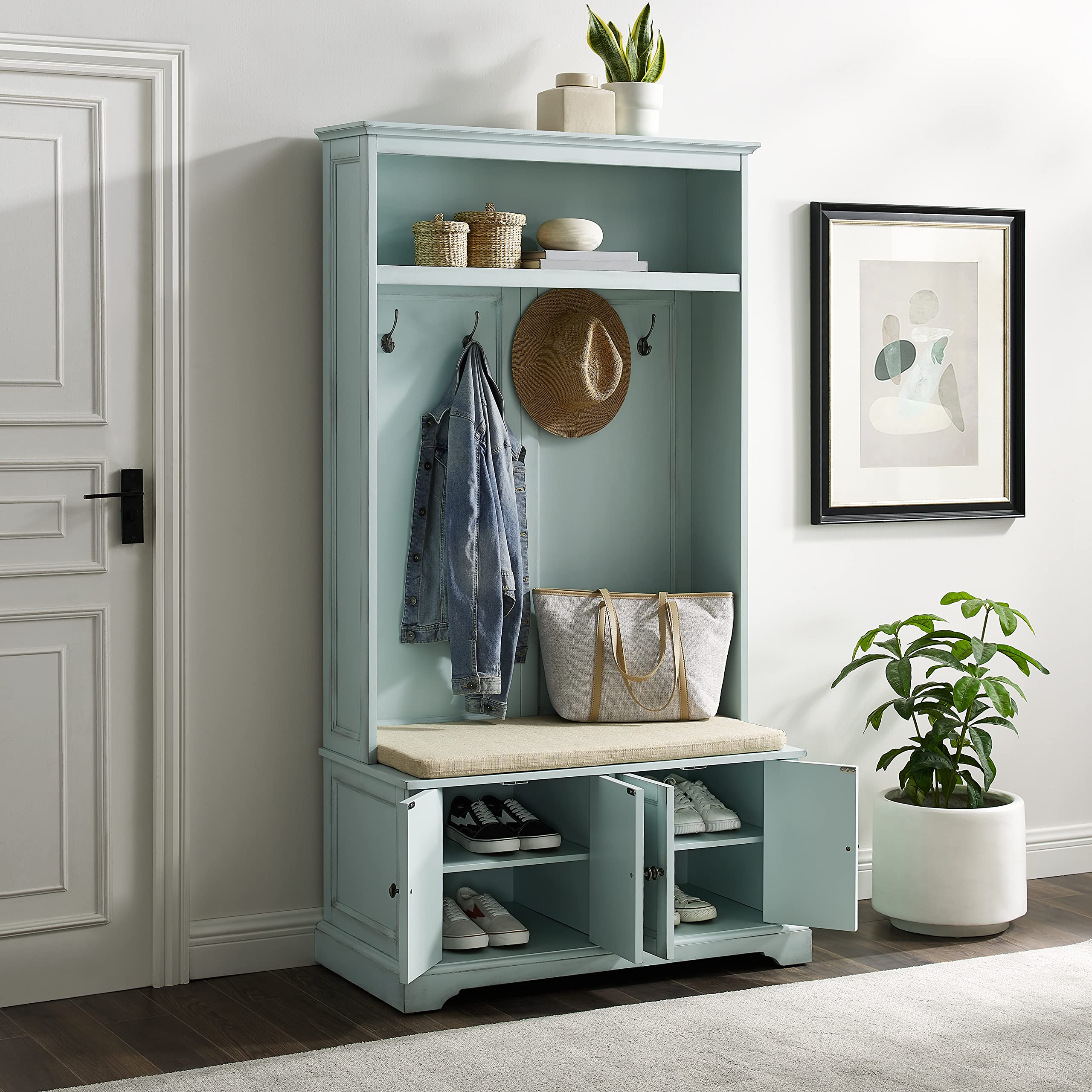 Crosley Holbrook Hall Tree with Shoe Rack, Storage Bench & Coat Hooks | Distressed Seafoam Blue Entryway Organizer | Perfect for Small Spaces, Mudrooms & Farmhouse Decor