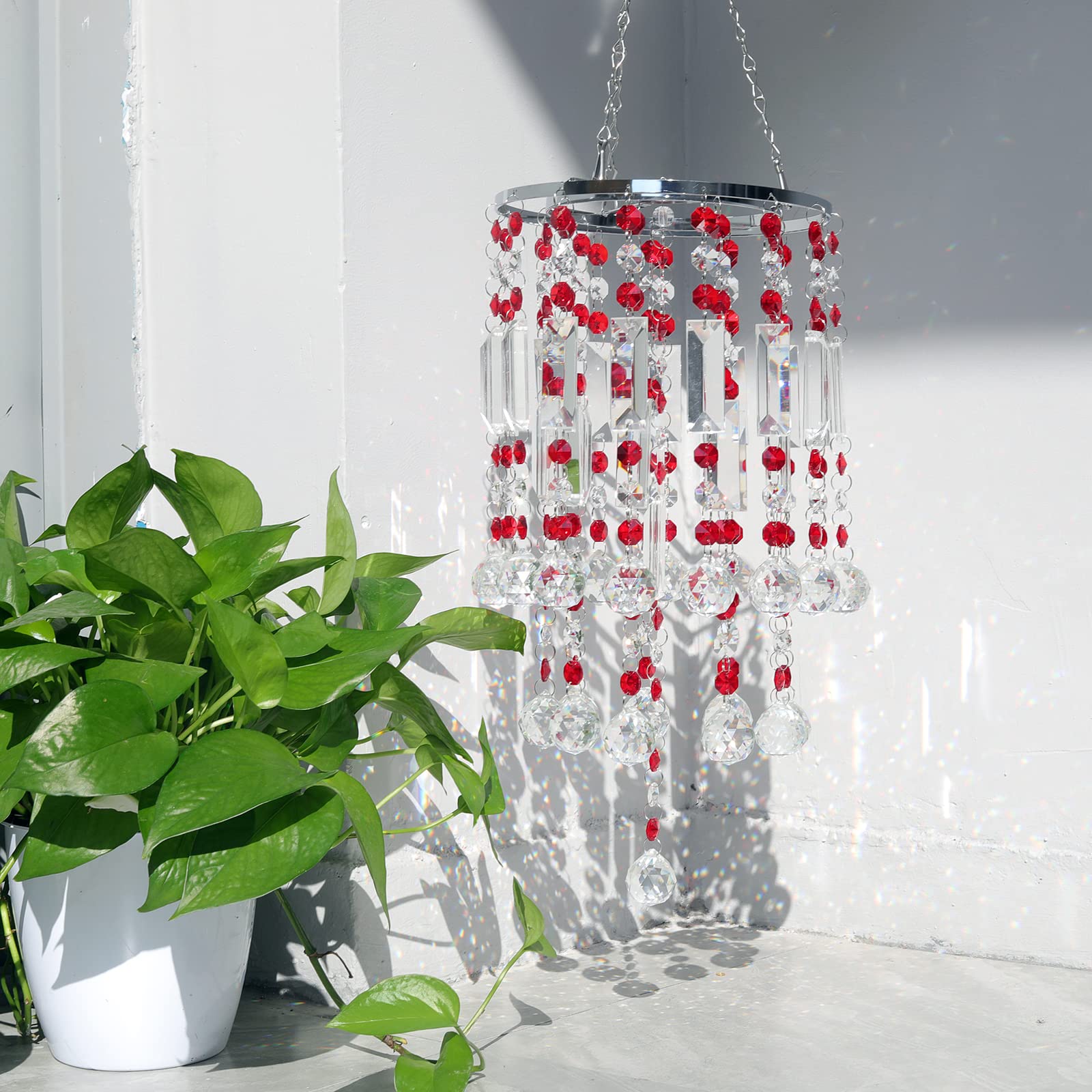LONGSHENG Crystal Wind Chime with Red Prisms & Beads - Handmade Sun Catcher Pendant for Home Decor Since 2001 | Perfect Gift for Garden, Patio, or Window Decoration