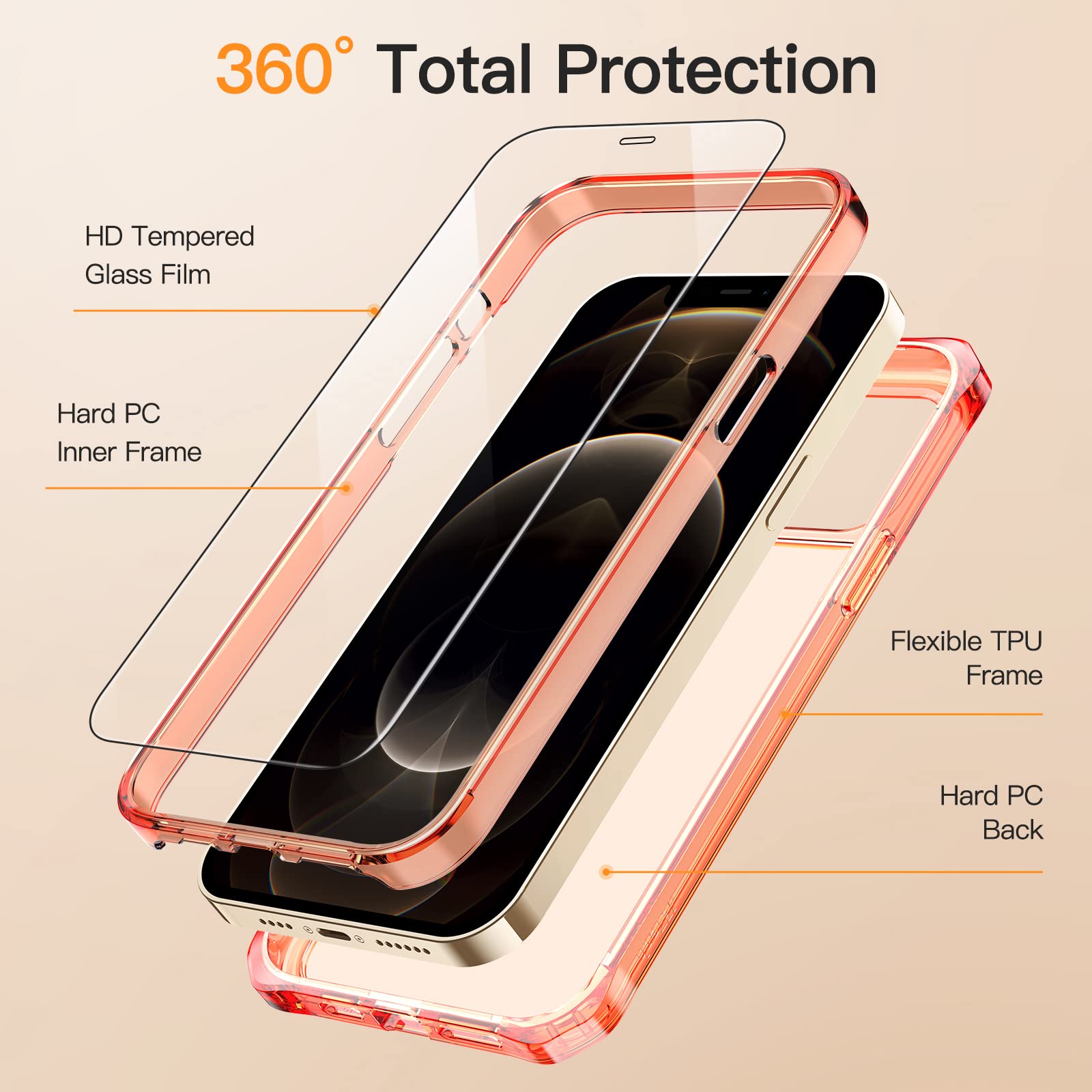JETech iPhone 12 Pro Max Case 6.7 Inch with 2-Pack Tempered Glass Screen Protector - 360° Full Body Shockproof Bumper Phone Cover, Clear Back Protective Case (Rose Gold) | Perfect for Outdoor Activities, Work & Daily Use