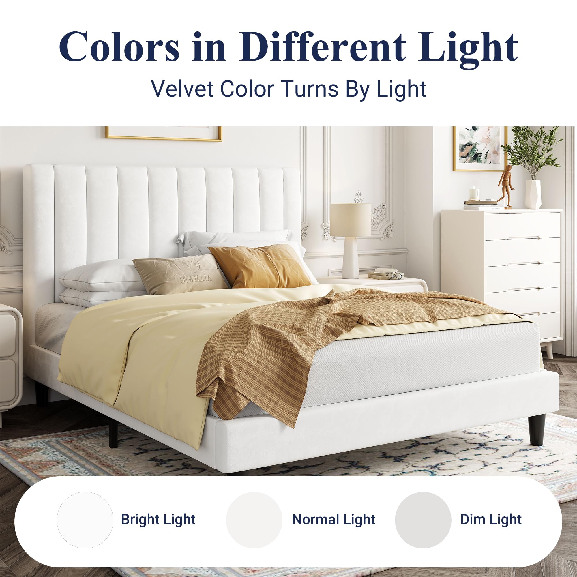 Allewie Full Size Platform Bed Frame - Velvet Upholstered with Vertical Channel Tufted Headboard, Sturdy Wooden Slats Support for Mattress Foundation (Box Spring Optional), Easy Assembly in White | Modern Bedroom Furniture for Master & Guest Rooms