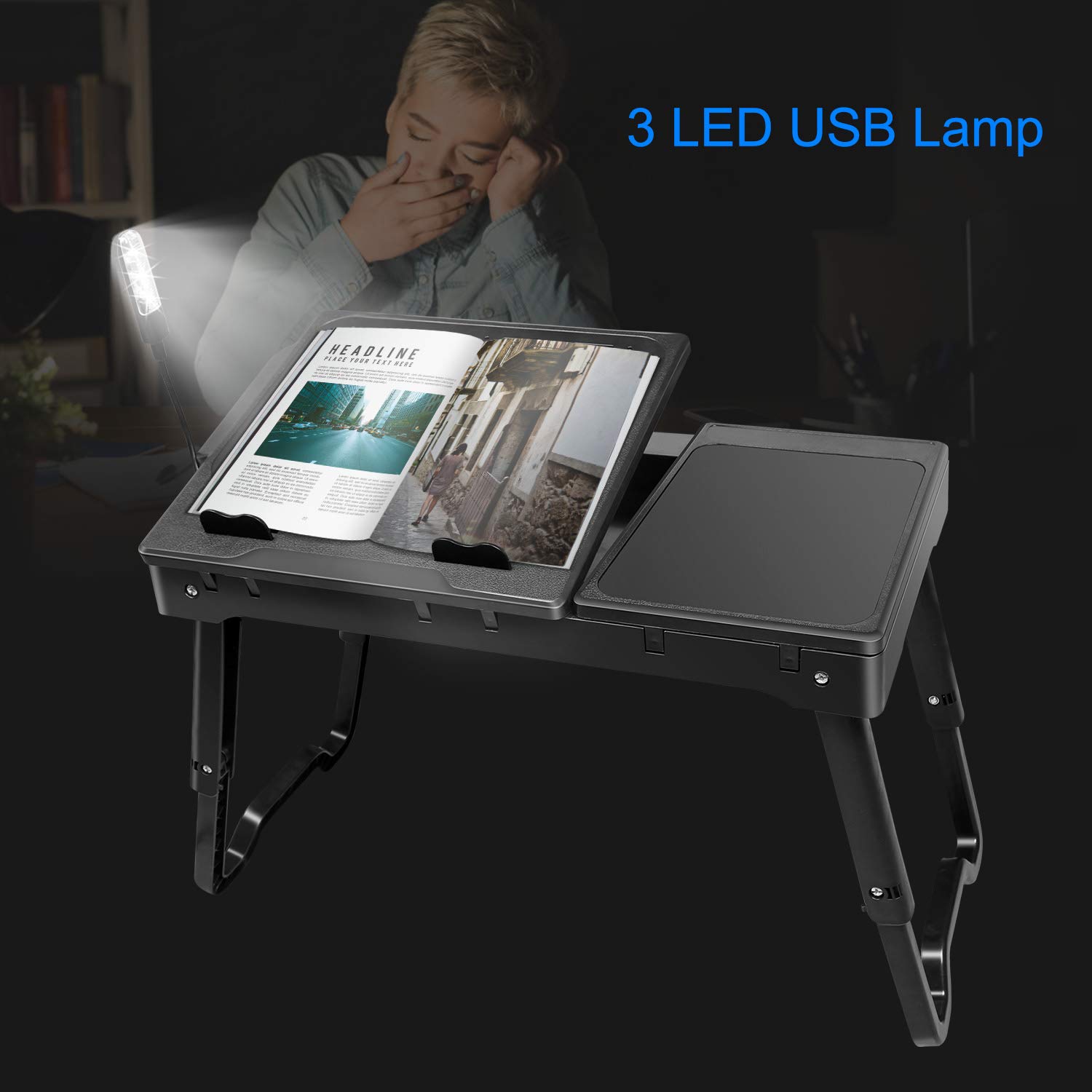 Adjustable Laptop Desk for Bed & Couch - Portable Lap Desk with Cooling Fan, Foldable Legs, LED Light & 4 USB Ports - Perfect for Home Office, Gaming & Studying in Bed or on Sofa