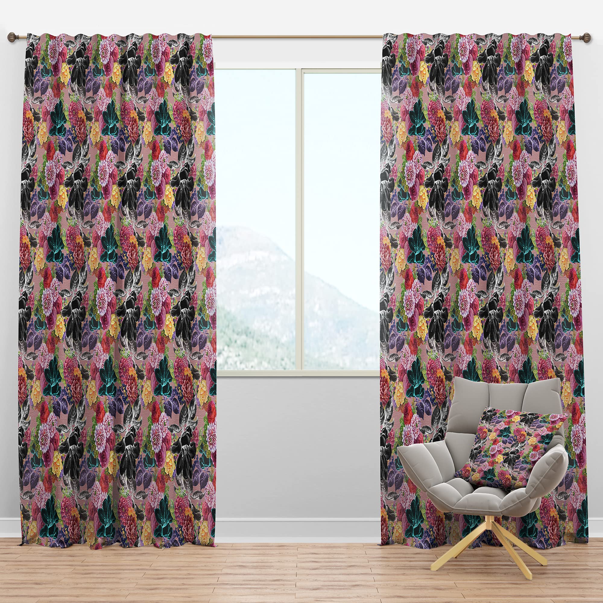 DesignQ Blackout Curtains 'Black Chrysanthemum and Blooming Roses' - Thermal Insulated Room Darkening Drapes for Bedroom & Living Room (52x63 Inches, Single Panel) - Perfect for Home Decor, Privacy & Light Control