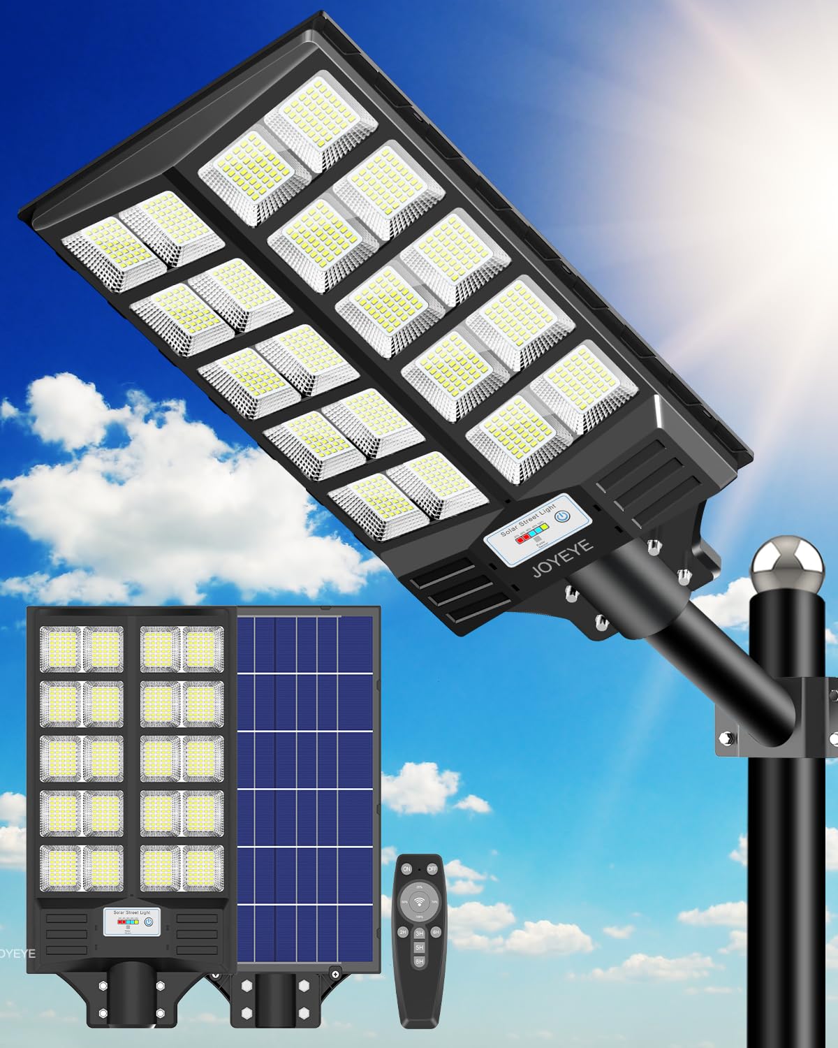 5200W Solar Street Light Outdoor - High Lumens 6500K LED Solar Parking Lot Lights with Motion Sensor & Remote Control - Dusk to Dawn Lighting for Driveways, Pathways, and Commercial Areas