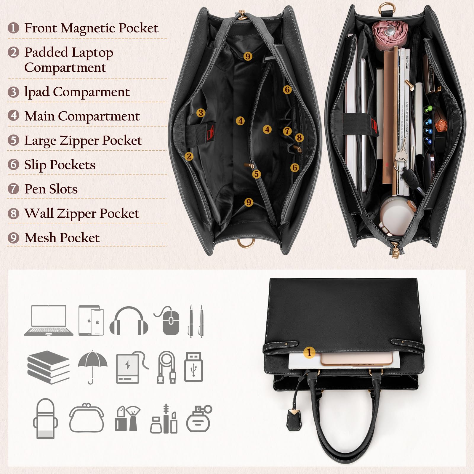 IGOLUMON 15.6 Inch Leather Laptop Bag for Women - Waterproof Professional Work Tote Bag with Large Capacity, Shoulder Briefcase Handbag (Black) - Perfect for Business Travel, Office Commute & Daily Use